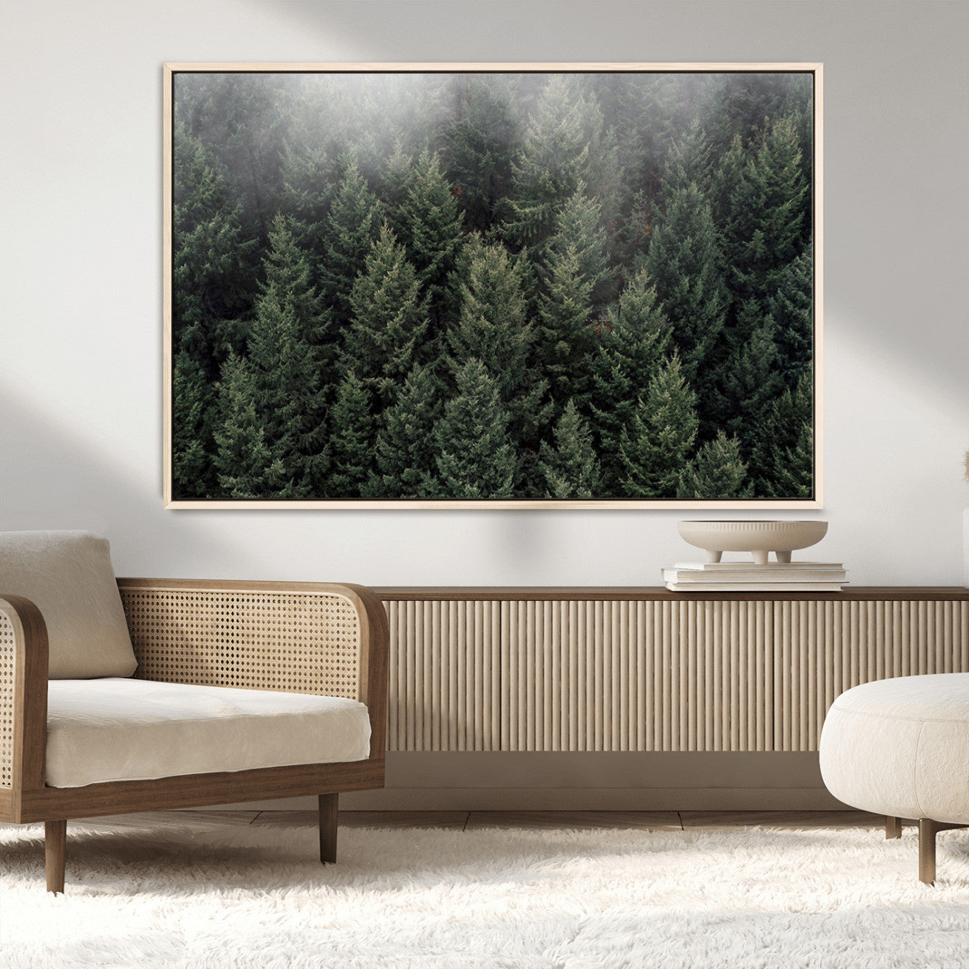 84059409-MGV-FC-36X24_Natural-Forest Wall Art – Misty Evergreen Trees Canvas Print, Tranquil Nature Photography Decor for Bedroom, Living Room, Office, Cabin or