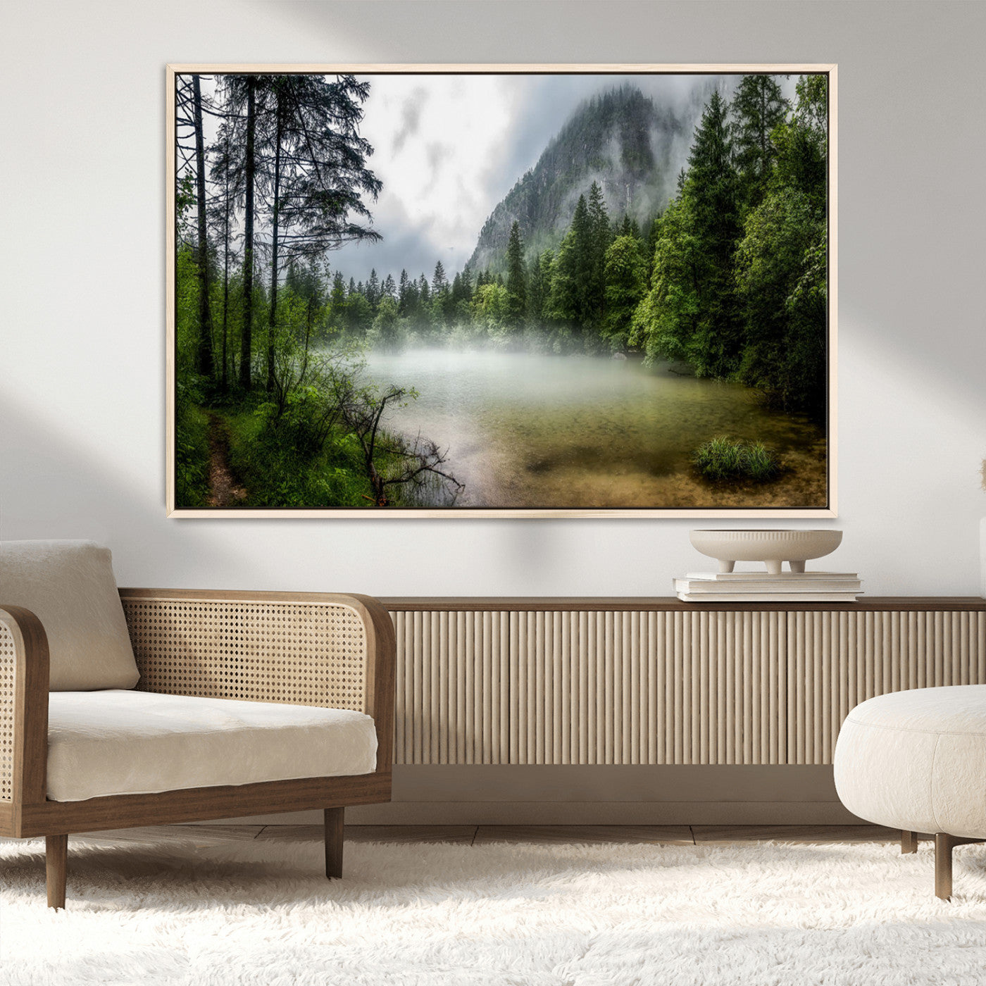 93123937-MGV-CV-36X24-Landscape Wall Art – Misty Mountain Lake Canvas Print, Tranquil Forest and Waterfall Photography Decor for Bedroom, Living Room,
