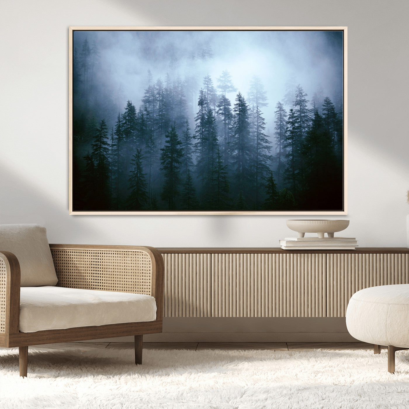 93439624-MGV-CV-36X24-Forest Wall Art – Misty Pine Trees Canvas Print, Moody Nature Photography Decor for Bedroom, Living Room, Office, Cabin, Lodge or