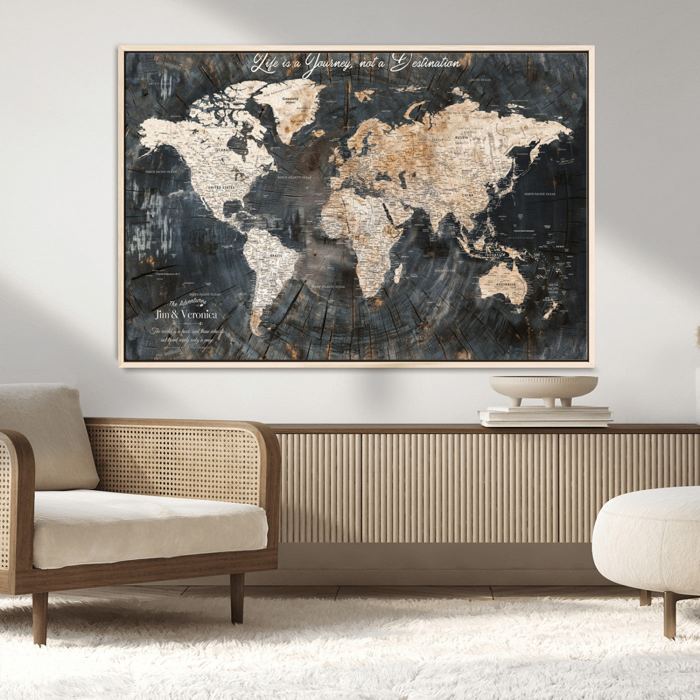 55548943-MGV-CV-36X24-Personalized World Map Wall Art – Rustic Wood Texture Adventure Travel Map with Custom Couple Names, Vintage Dark Wall Decor for