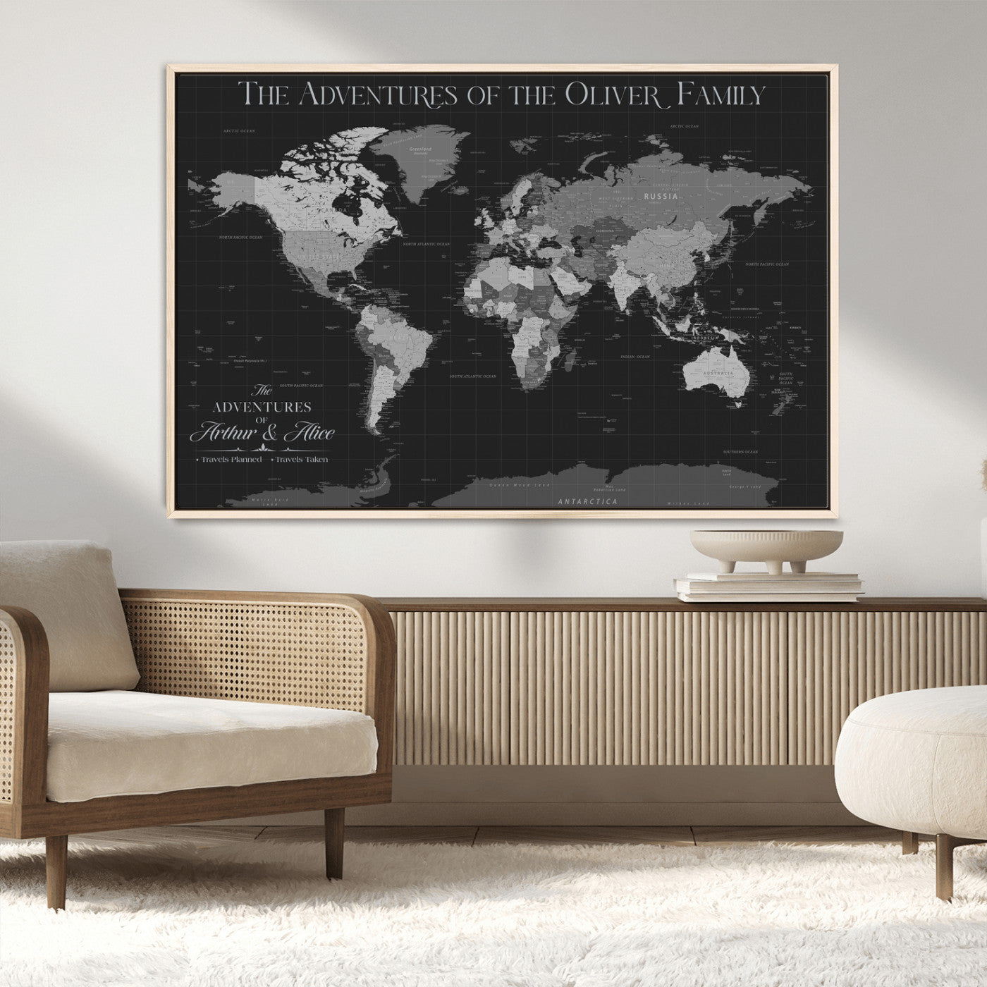 46064114-MGV-FC-36X24_Natural-Personalized World Map Wall Art – Black & Grey Adventure Travel Map with Custom Family or Couple Names, Modern Wall Decor for Home