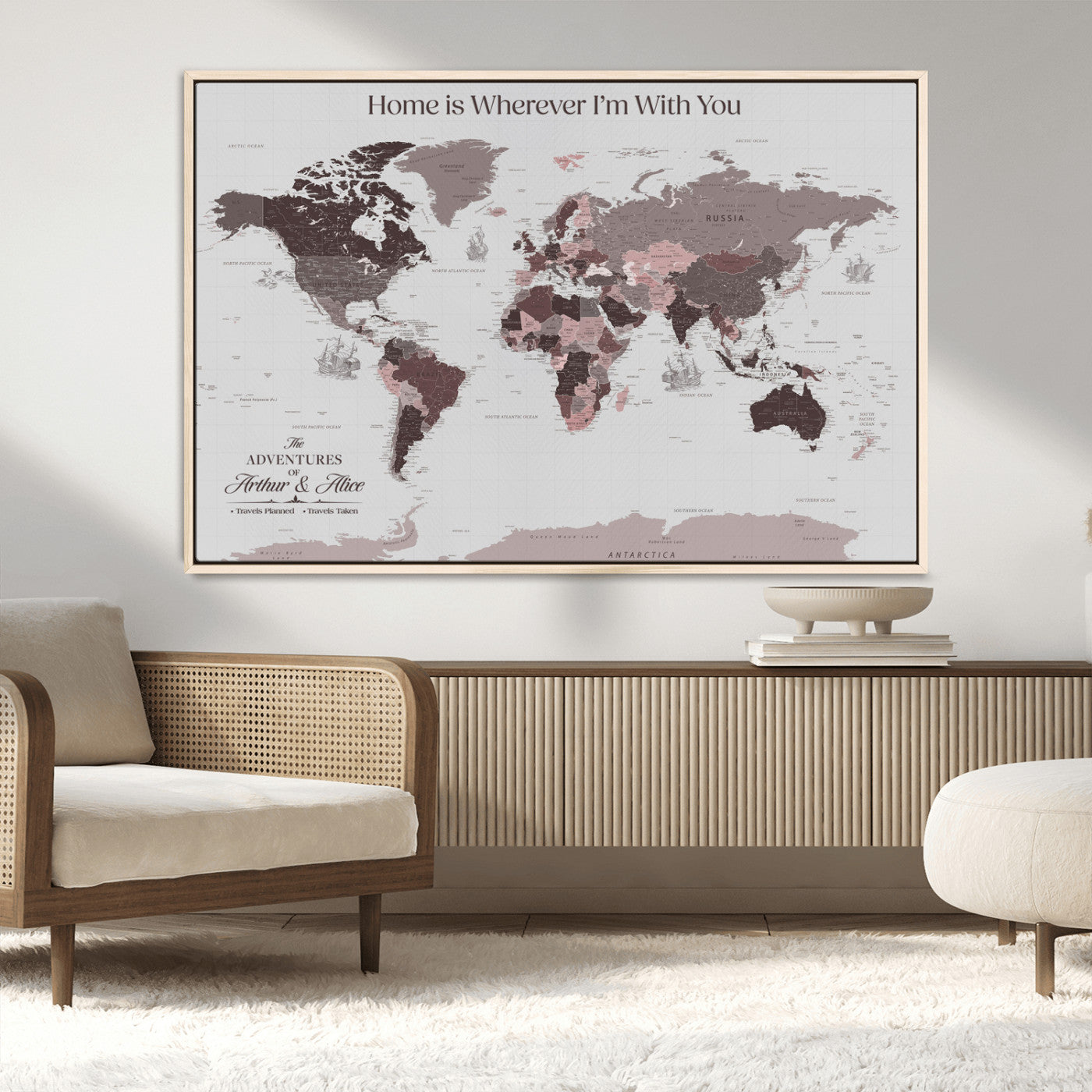 33204797-MGV-FC-36X24_Natural-Personalized World Map Wall Art – Burgundy & Grey Adventure Travel Map with Custom Names, Romantic Wall Decor for Couples, Home or