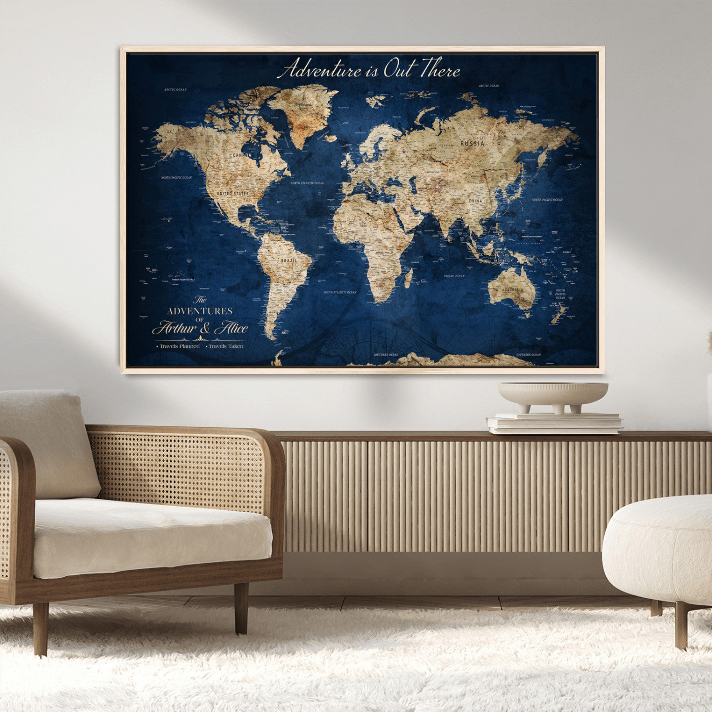 71052542-MGV-CV-36X24-Personalized World Map Wall Art – Rustic Navy Blue Adventure Travel Map with Custom Couple Names, Vintage Wall Decor for Home or