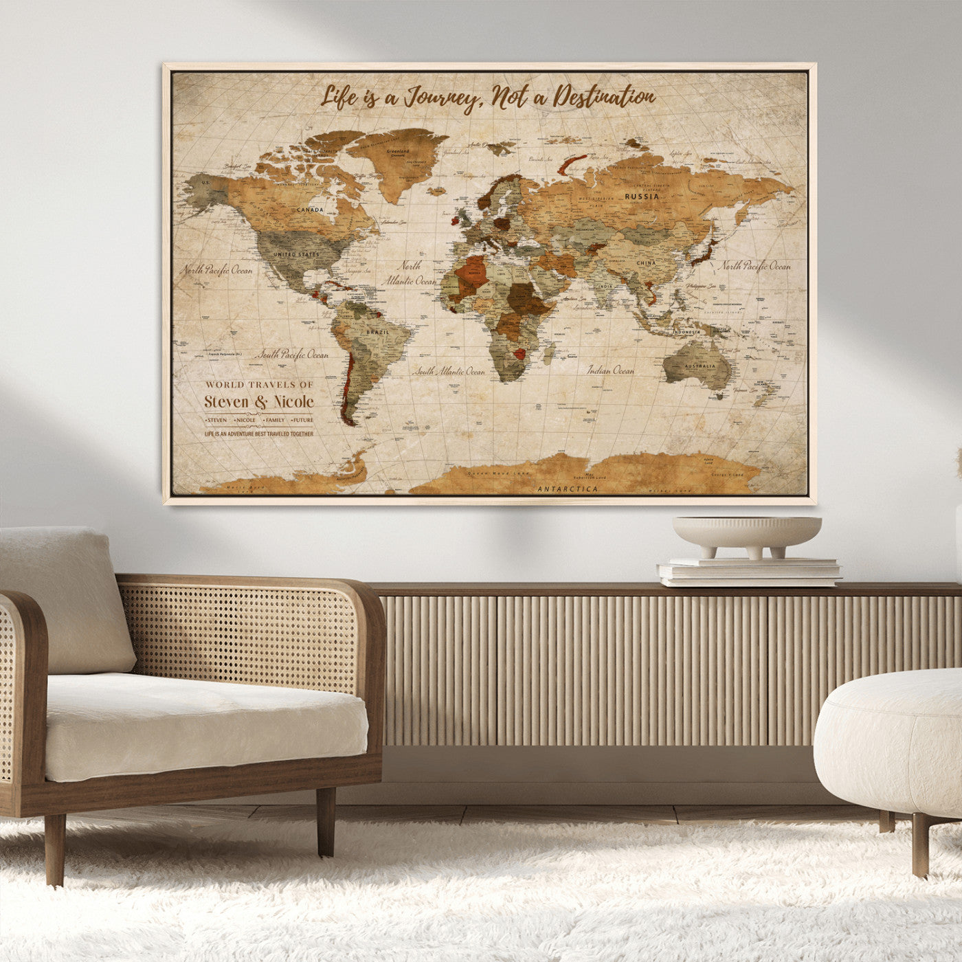 75179116-MGV-FC-36X24_Natural-Personalized World Map Wall Art – Rustic Vintage Travel Map with Custom Names, Inspirational Adventure Décor for Couples, Families