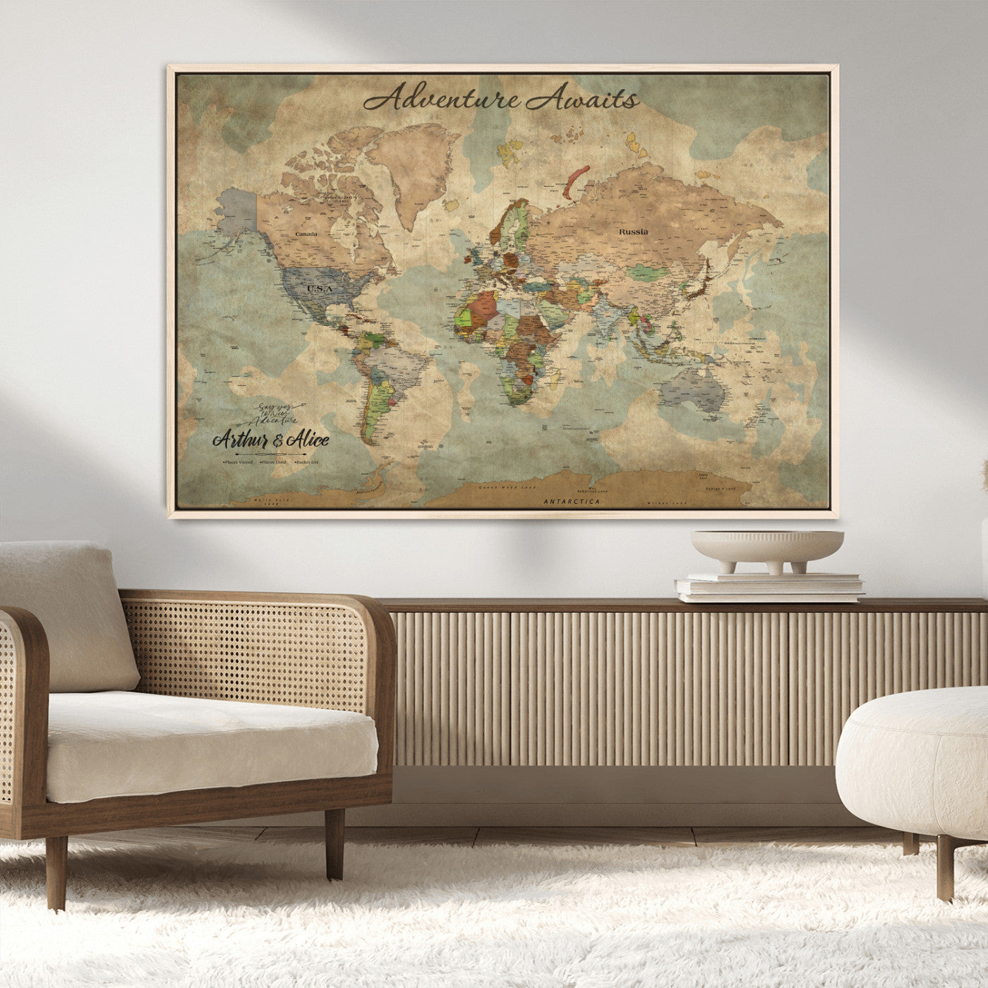 62500285-MGV-CV-36X24-Personalized World Map Wall Art – Rustic Watercolor Adventure Awaits Travel Map with Custom Couple Names, Vintage Wall Decor for