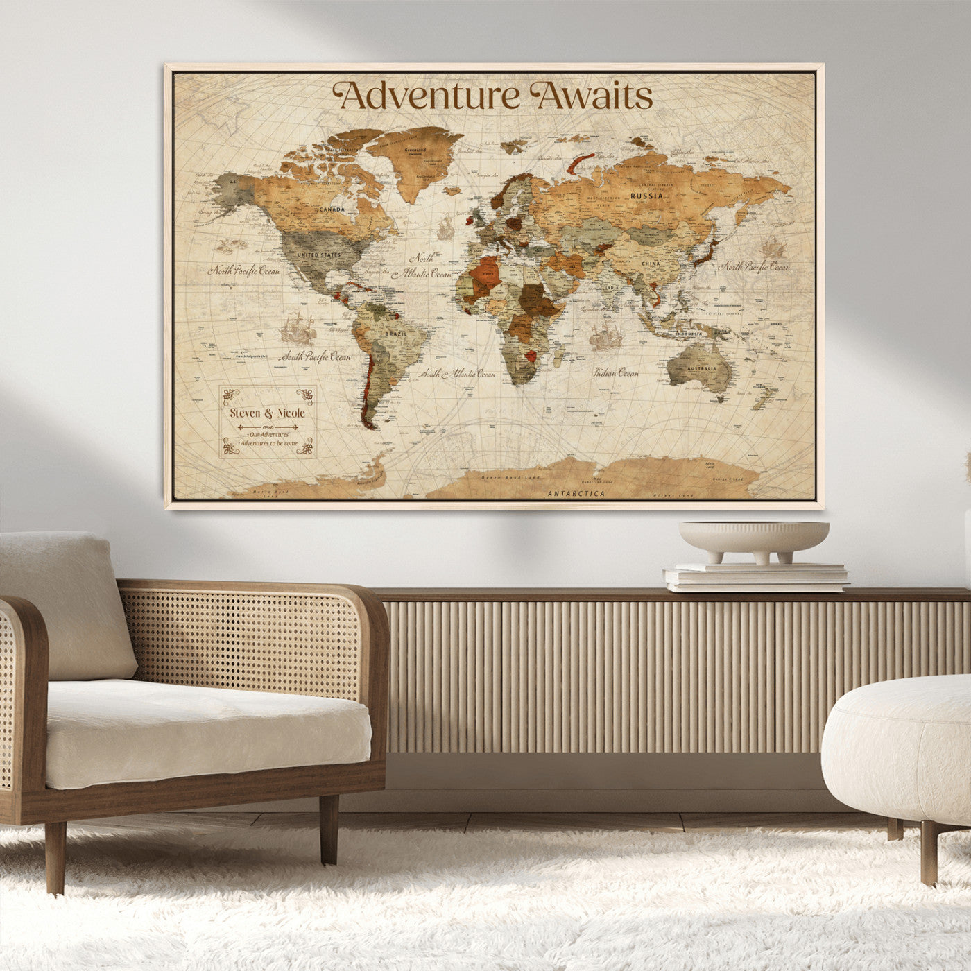 18685073-MGV-CV-36X24-Personalized World Map Wall Art – Antique Vintage Parchment Adventure Awaits Travel Map with Custom Couple Names, Rustic Wall