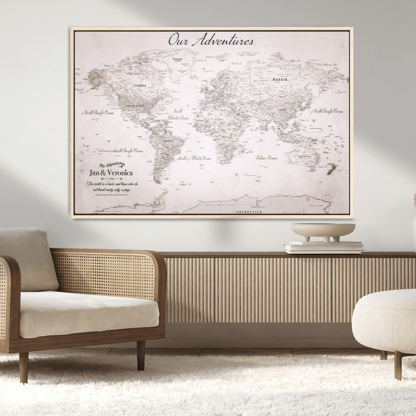11706567-MGV-CV-36X24-Personalized World Map Wall Art – Minimalist Beige Adventure Travel Map with Custom Names, Elegant Push Pin Canvas for Couples,