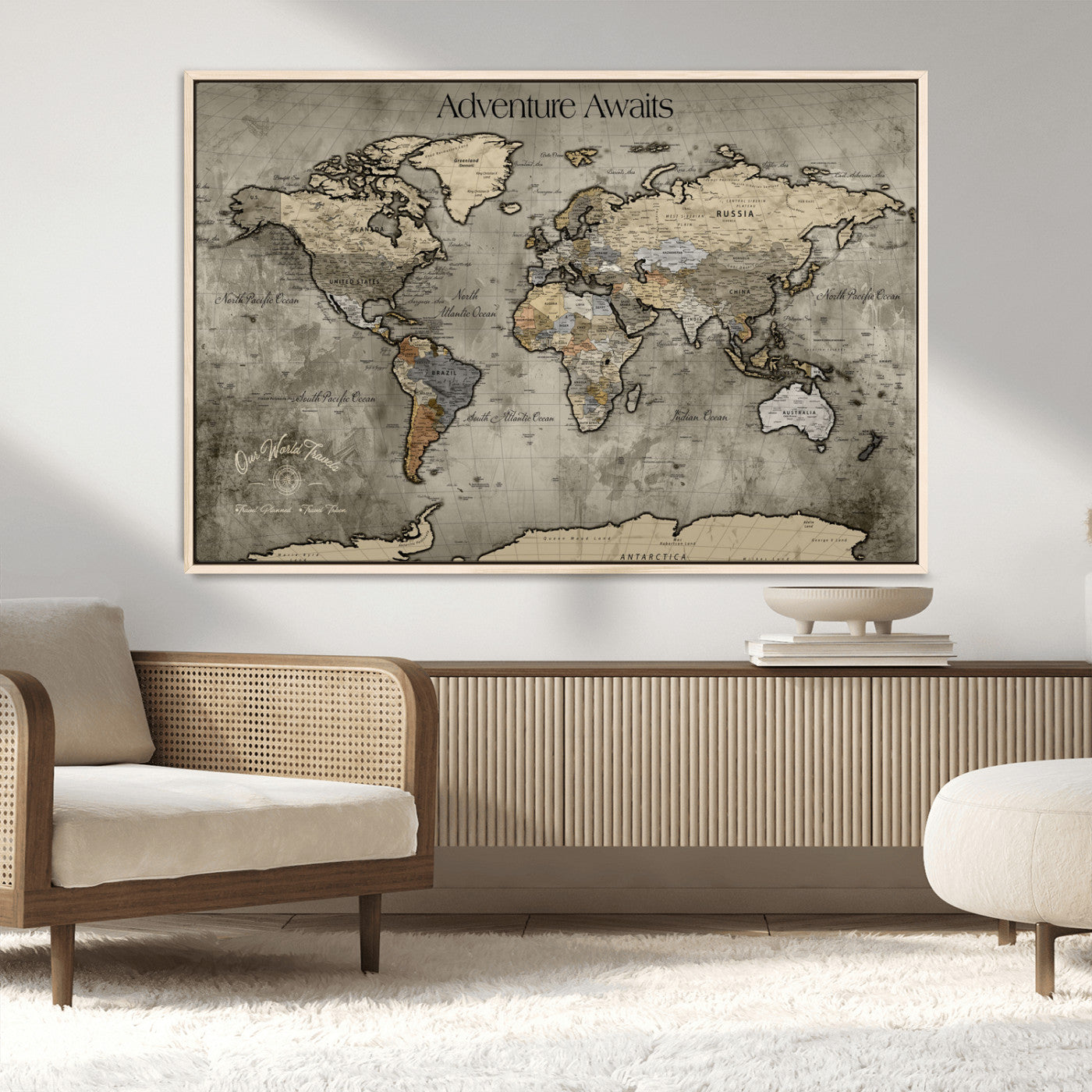 72658967-MGV-CV-36X24-Personalized World Map Wall Art – Adventure Awaits Rustic Sepia Travel Map with Custom Names, Vintage Wall Decor for Couples, Home