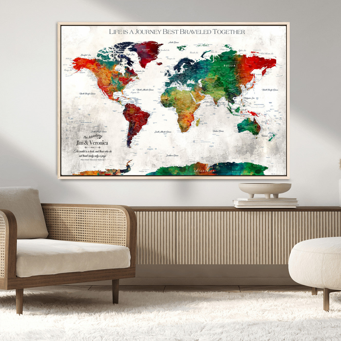 95876117-MGV-FC-36X24_Natural-Personalized World Map Wall Art – Colorful Watercolor Travel Map with Custom Names, Romantic Wall Decor for Couples, Wedding or