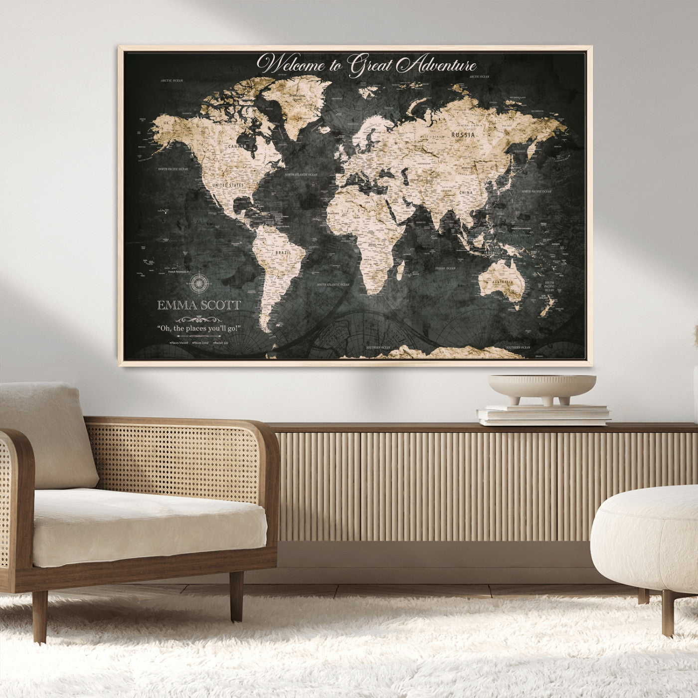 70534097-MGV-CV-36X24-Personalized World Map Wall Art – Dark Vintage Adventure Style Travel Map with Custom Names, Unique Wall Decor for Couples, Home