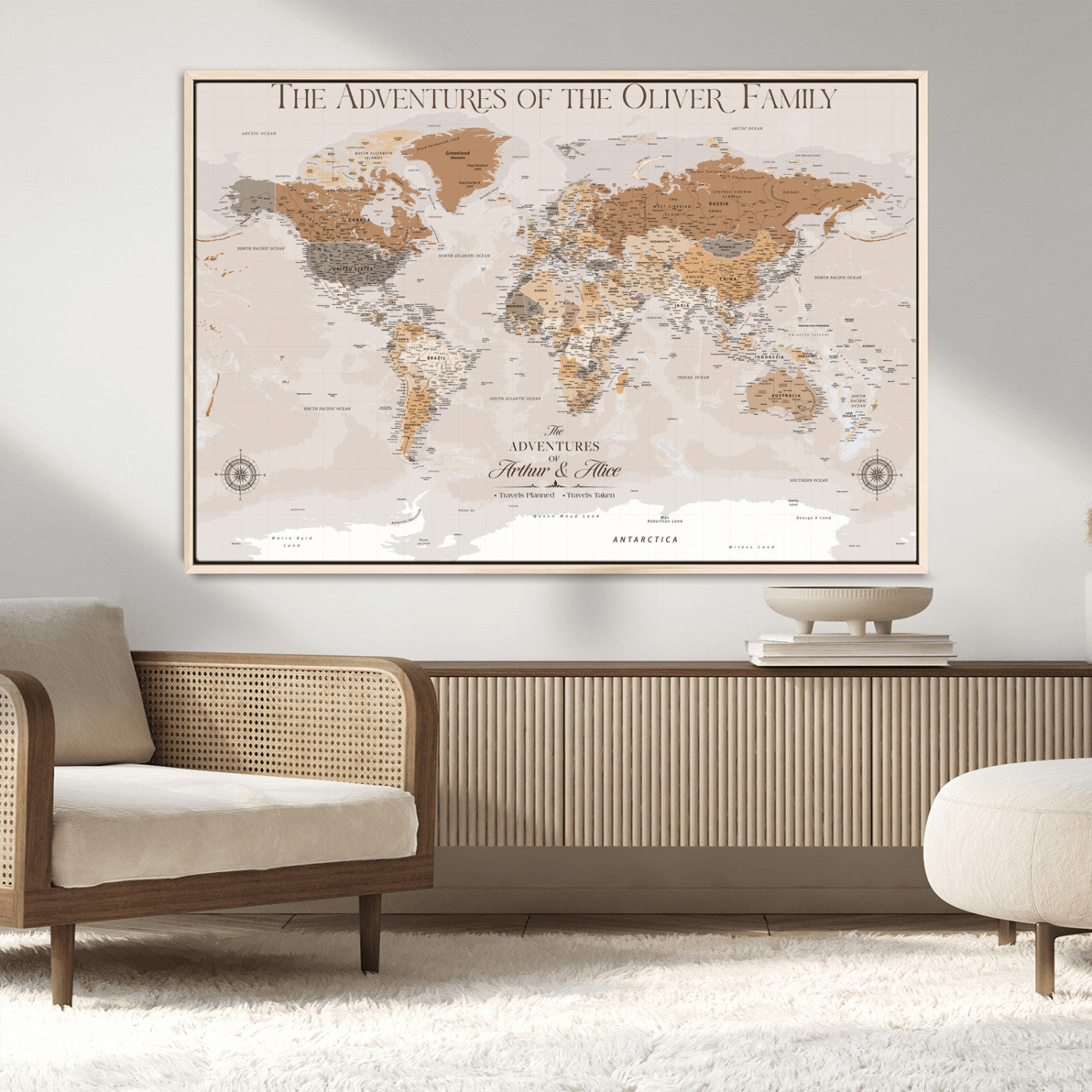34289723-MGV-CV-36X24-Personalized World Map Wall Art – Elegant Beige and Brown Adventure Map Canvas Print for Family Home, Living Room, Study or Office