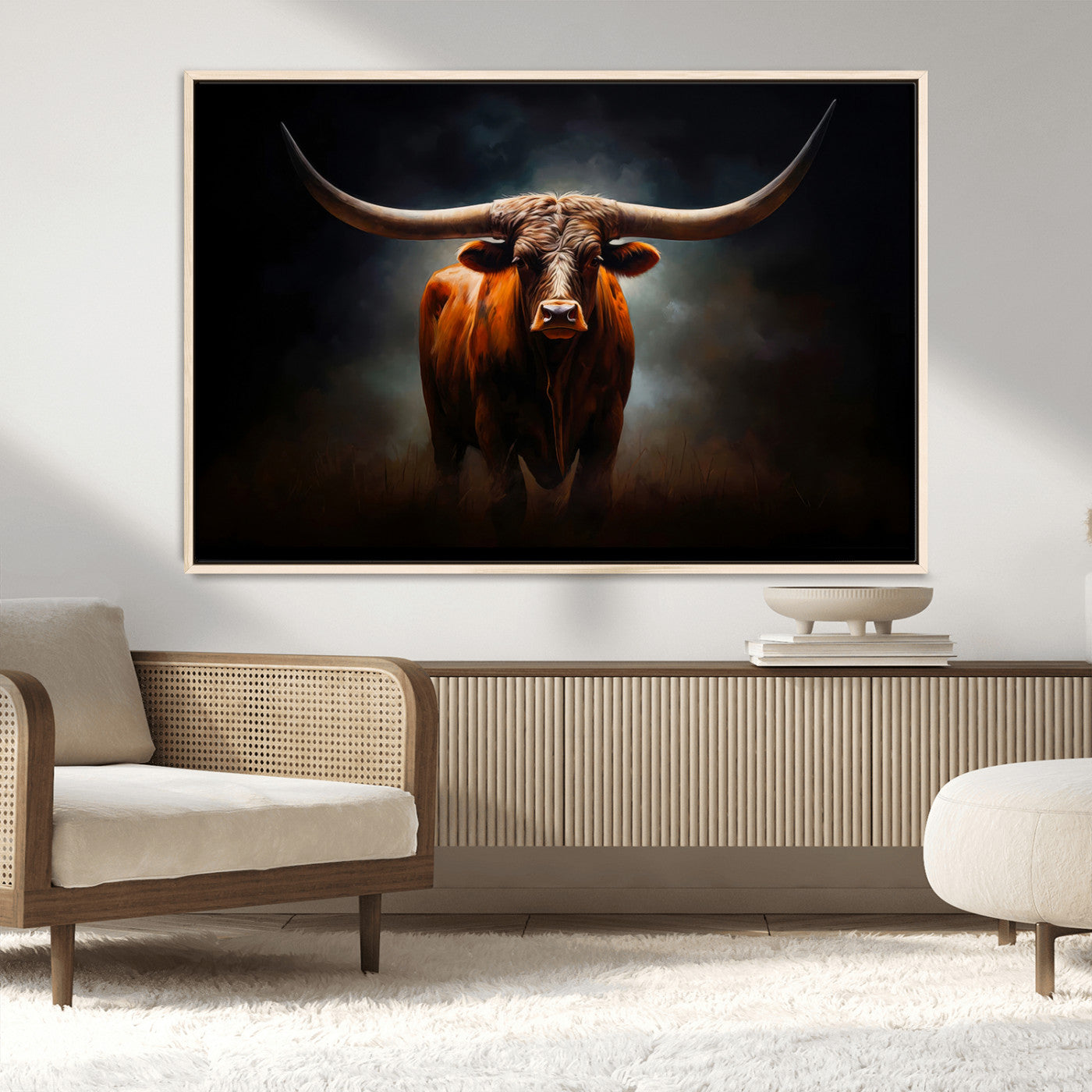 12484-MGV-FC-36X24_Natural-Texas Longhorn Wall Art Canvas Print, Framed Western Bull Art Picture Print, Moody Cattle Perfect Moody Western Decor Artwork