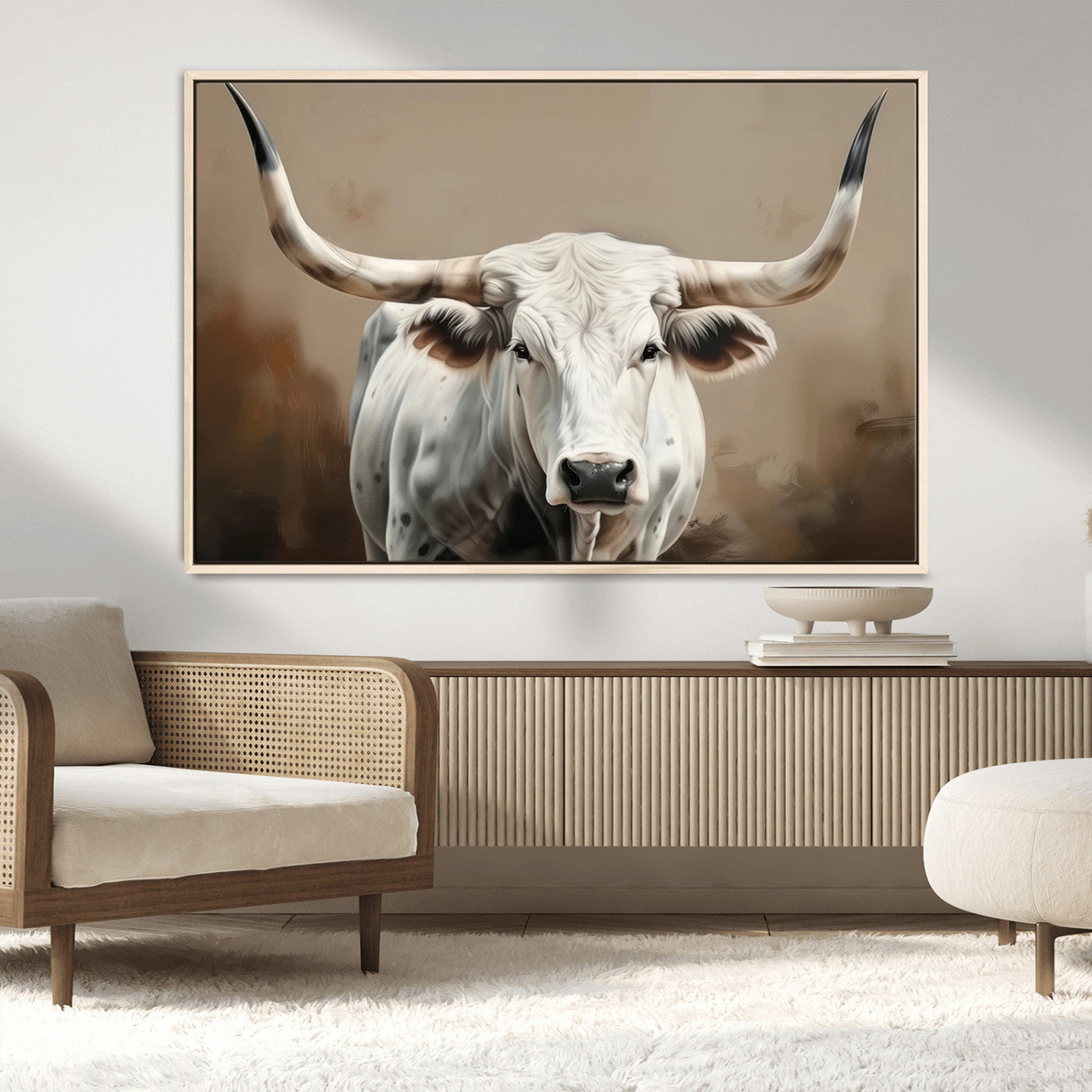 63550-MGV-FC-36X24_Natural-Texas Longhorn Wall Art Canvas Print, Framed White Bull Art Picture Print, Horned Cattle Perfect Rustic Western Decor Artwork