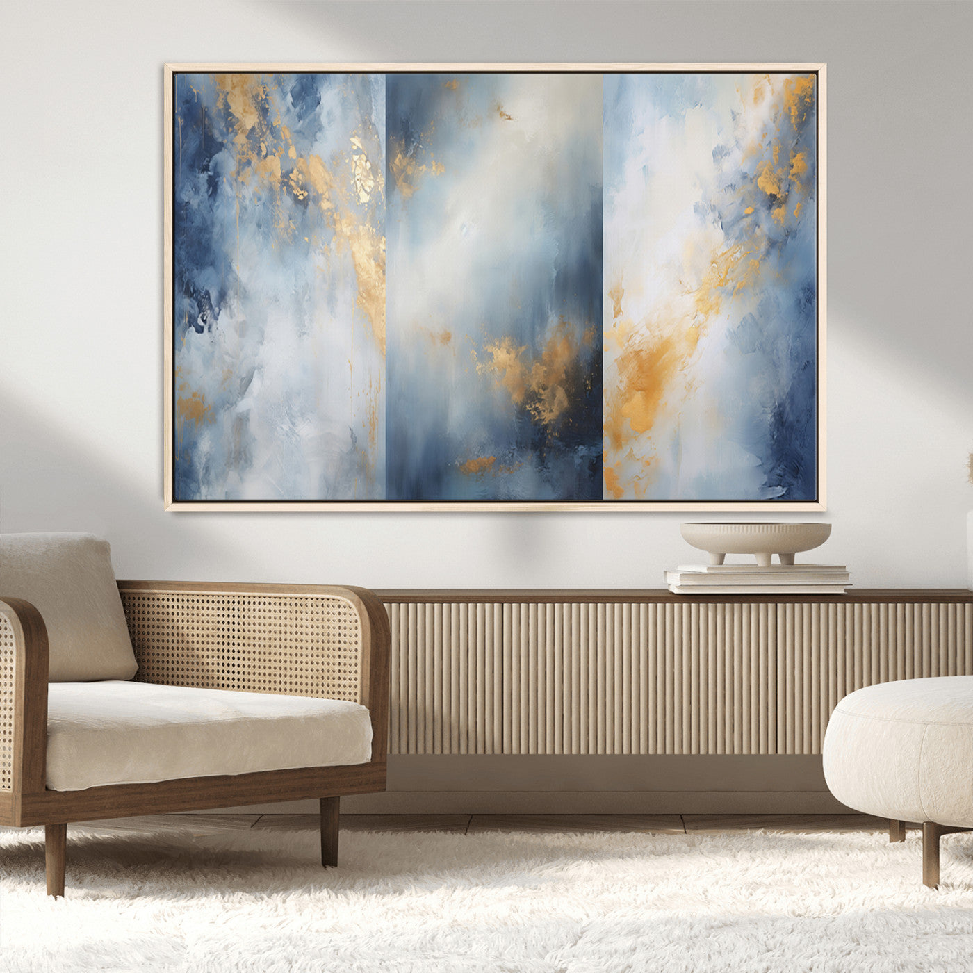 41836-MGV-CV-36X24-Abstract Gold Wall Art Canvas Print, Framed Blue Layers Art Picture Print, Elegant Cloud Perfect Elegant Minimalist Decor Artwork