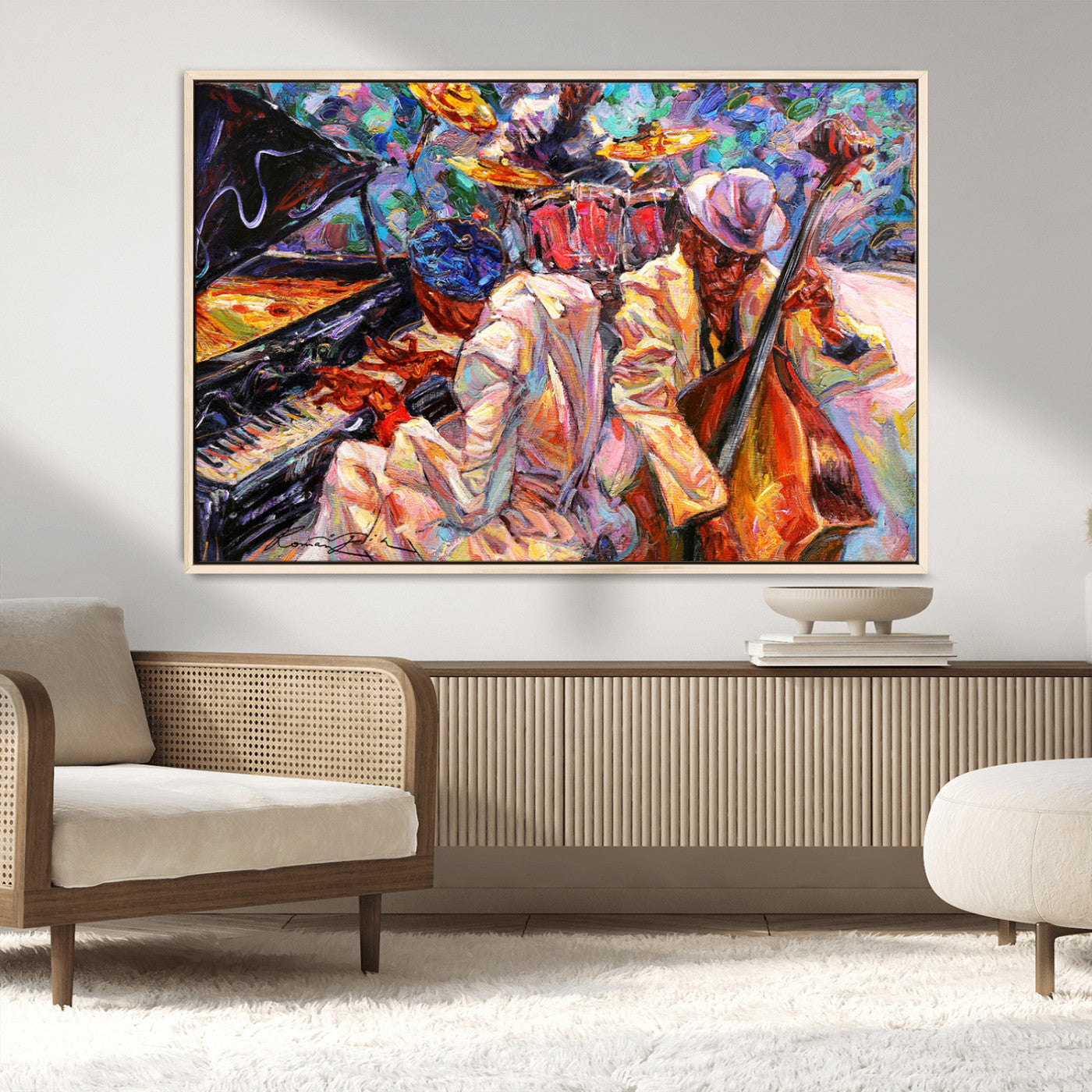 13675-MGV-FC-36X24_Natural-Jazz Band Wall Art Canvas Print, Framed Jazz Oil Painting Art Picture Print, Vibrant Music Perfect Abstract Musical Decor Artwork