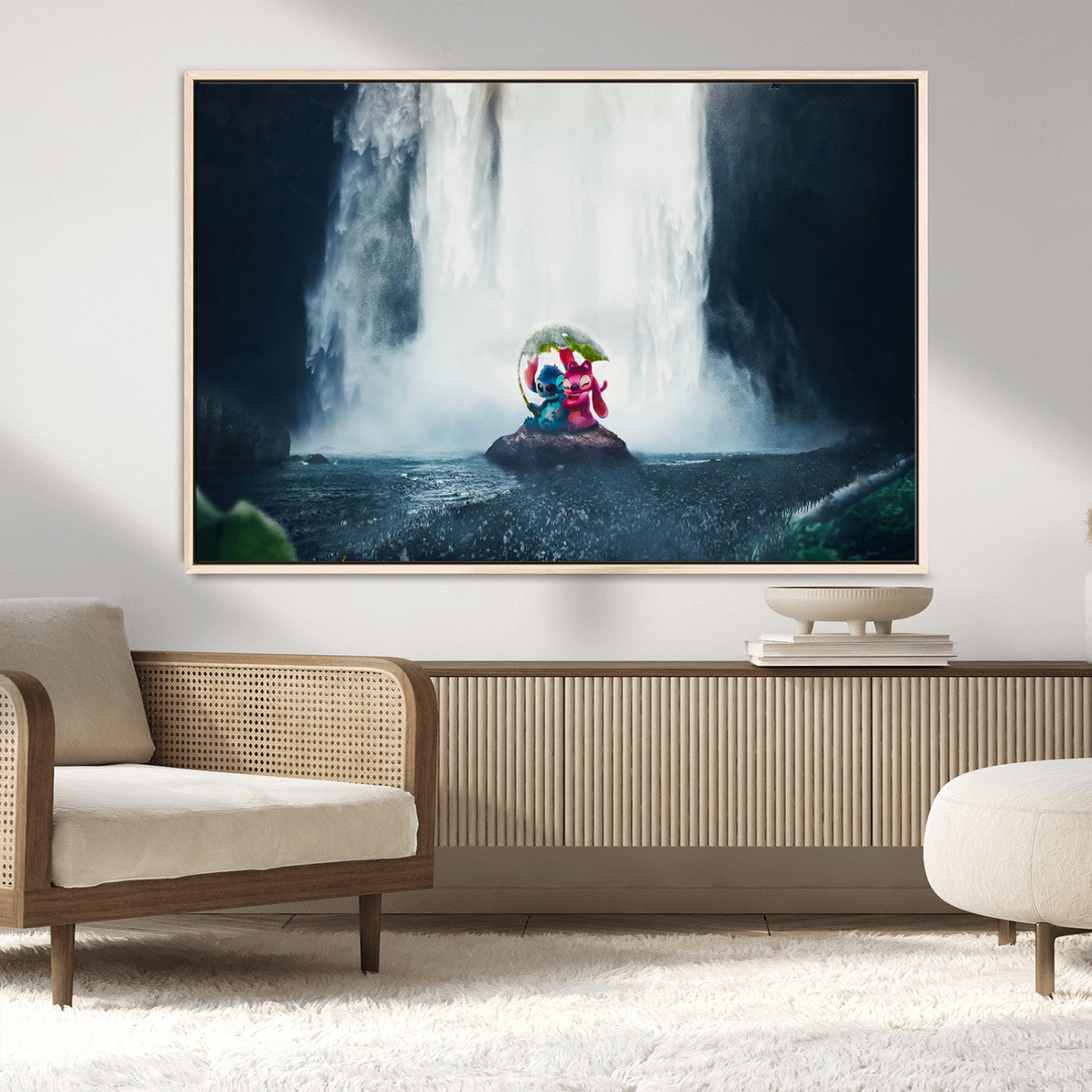 32259-MGV-CV-36X24-Stitch Angel Wall Art Canvas Print, Framed Stitch Waterfall Art Picture Print, Cartoon Couple Perfect Moody Fantasy Decor Artwork