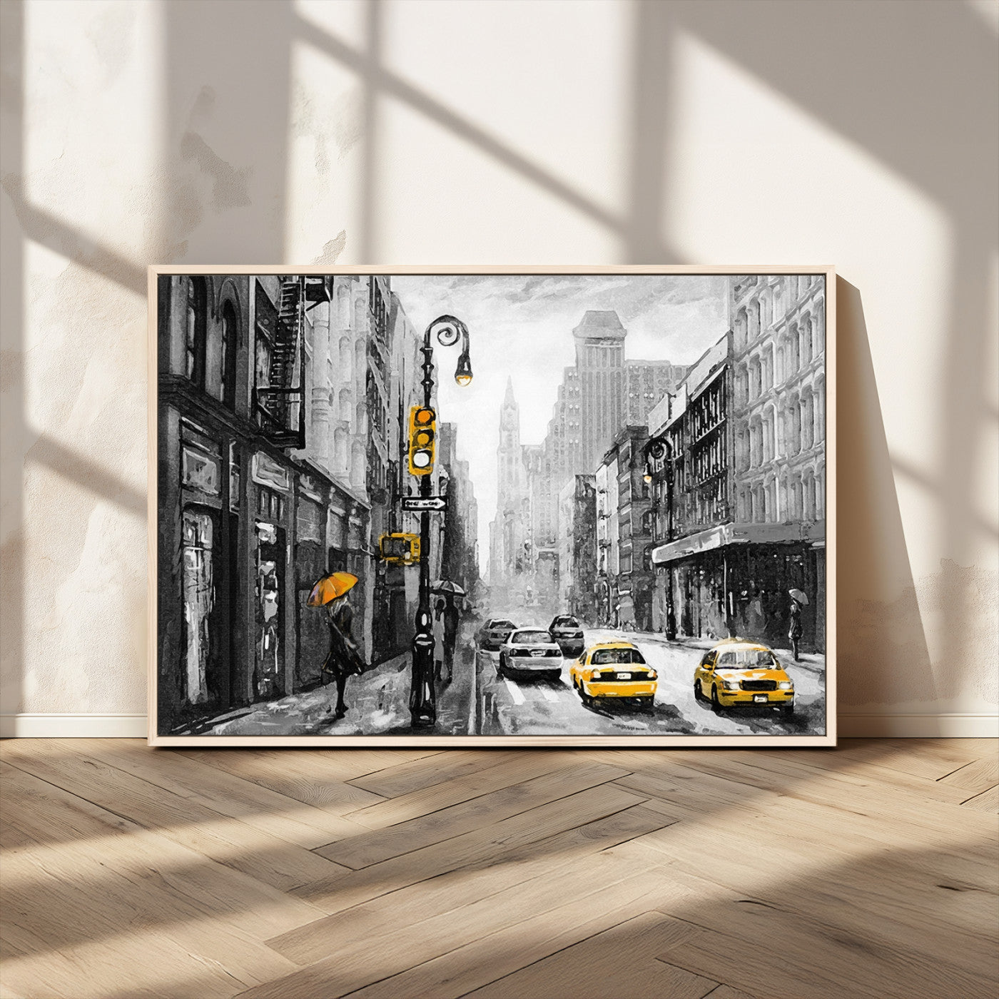 32362-MGV-CV-36X24-NYC Street Wall Art – Black and White Cityscape with Yellow Taxis and Umbrella Canvas Print, Urban Home Decor for Living Room or