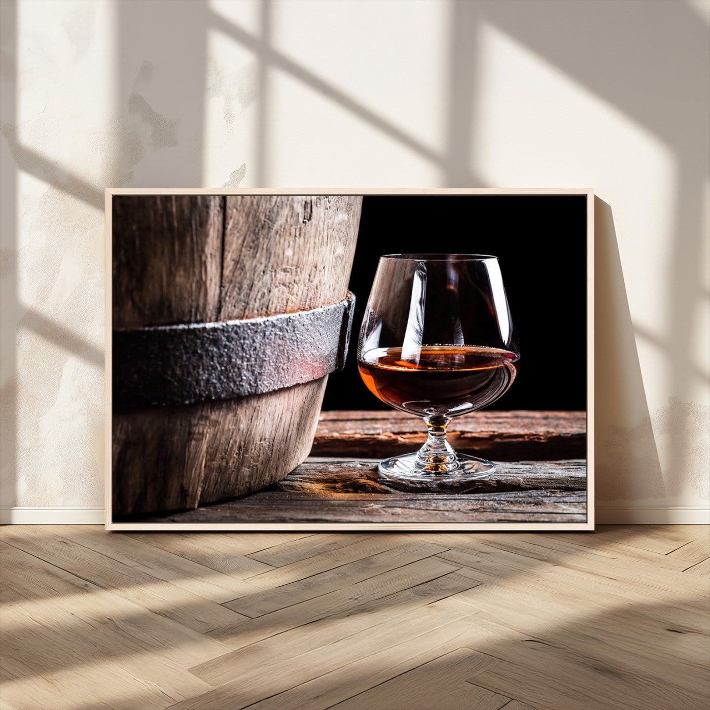 50839-MGV-CV-36X24-Barrel & Brandy Wall Art – Rustic Whiskey Barrel and Brandy Glass Canvas Print, Elegant Home Bar or Lounge Decor for Office, Man