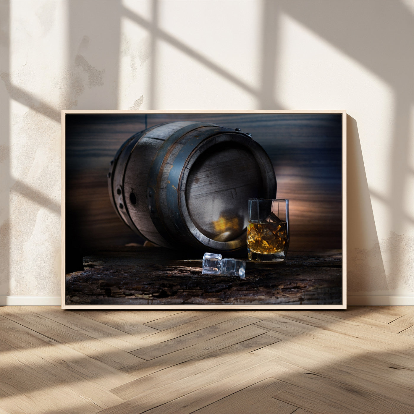 78049-MGV-CV-36X24-Whiskey Barrel Wall Art – Rustic Whiskey Barrel and Glass with Ice Canvas Print, Classic Bar or Lounge Decor for Home, Office, or