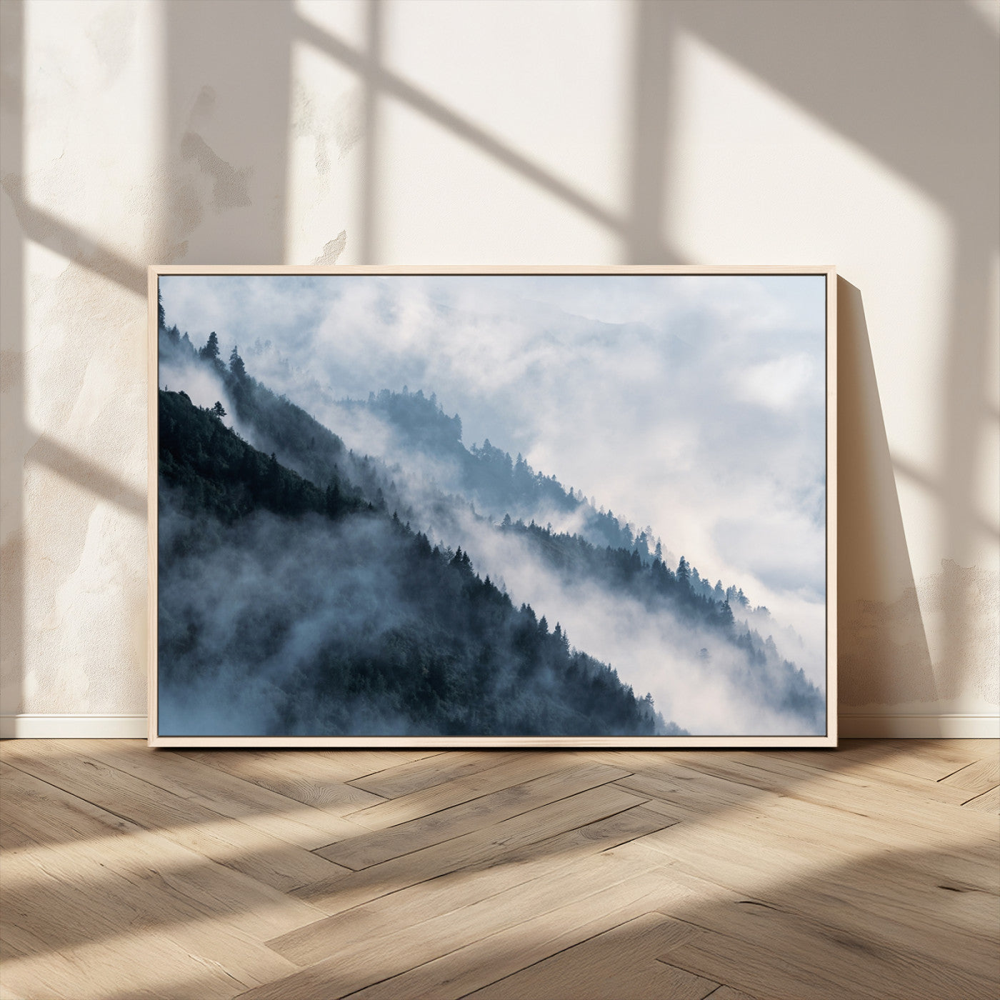 85737-MGV-FC-36X24_Natural-Misty Mountain Wall Art – Atmospheric Pine Forest Canvas Print with Fog and Mist, Calm Nature Decor for Living Room, Bedroom,