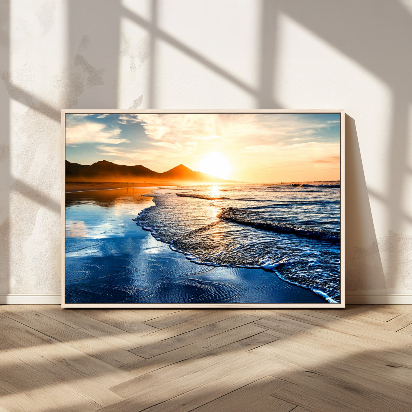 86173-MGV-CV-36X24-Golden Sunset Beach Wall Art – Reflective Ocean Canvas Print with Mountains and Waves, Coastal Nature Decor for Living Room,