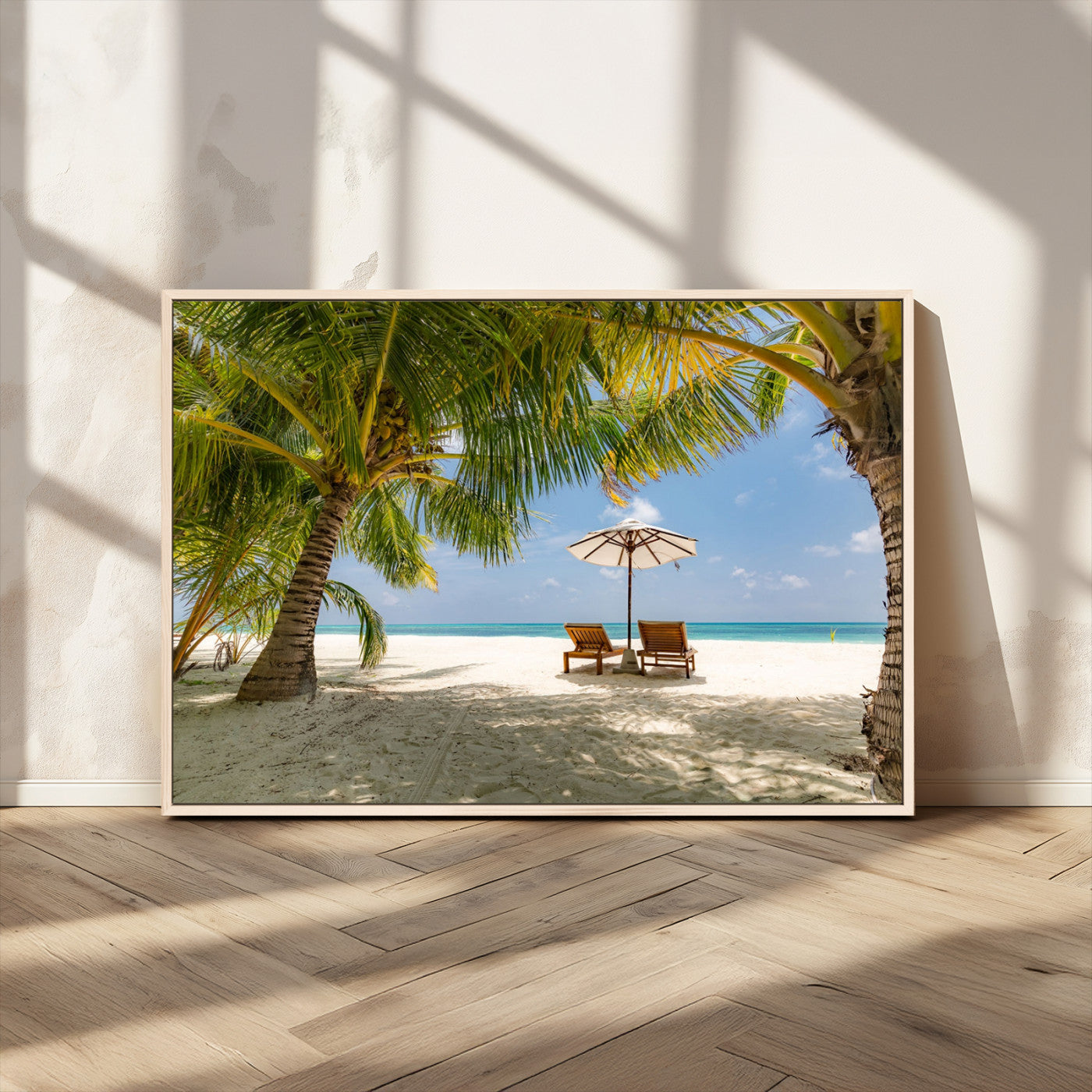 83601-MGV-CV-36X24-Tropical Beach Wall Art – Serene Palm Trees and Lounge Chairs Canvas Print, Relaxing Coastal Decor for Living Room, Bedroom or