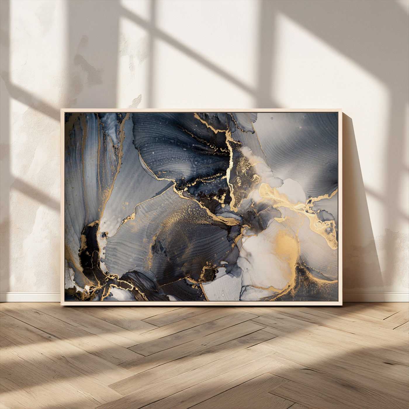 24068-MGV-CV-36X24-Luxury Abstract Wall Art – Gold & Gray Fluid Ink Painting Canvas, Modern Metallic Home Decor, Elegant Office or Living Room Accent