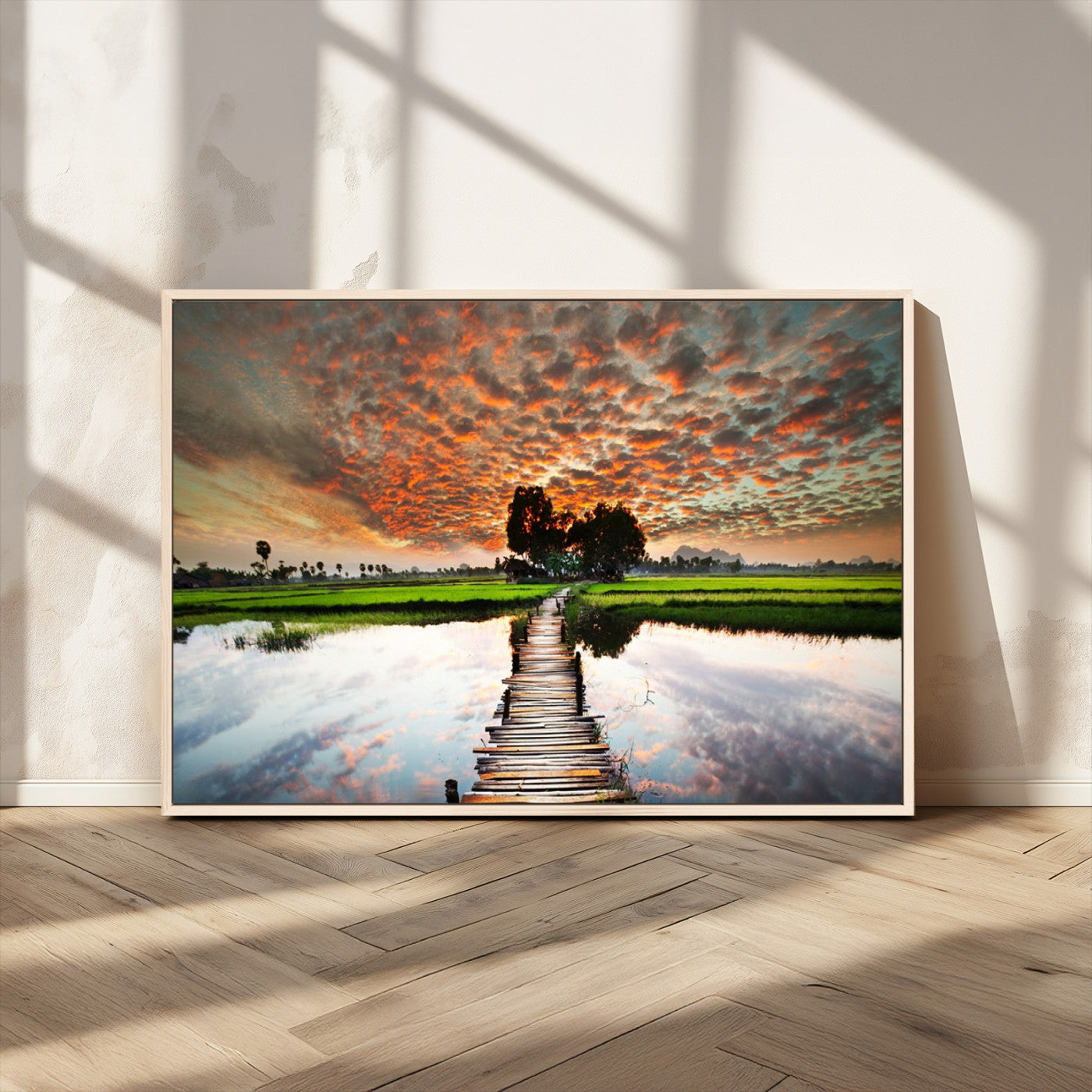 29105-MGV-CV-36X24-Rustic Wooden Bridge Wall Art – Scenic Sunset Over Rice Fields and Reflective Water Canvas Print, Nature Landscape Decor for