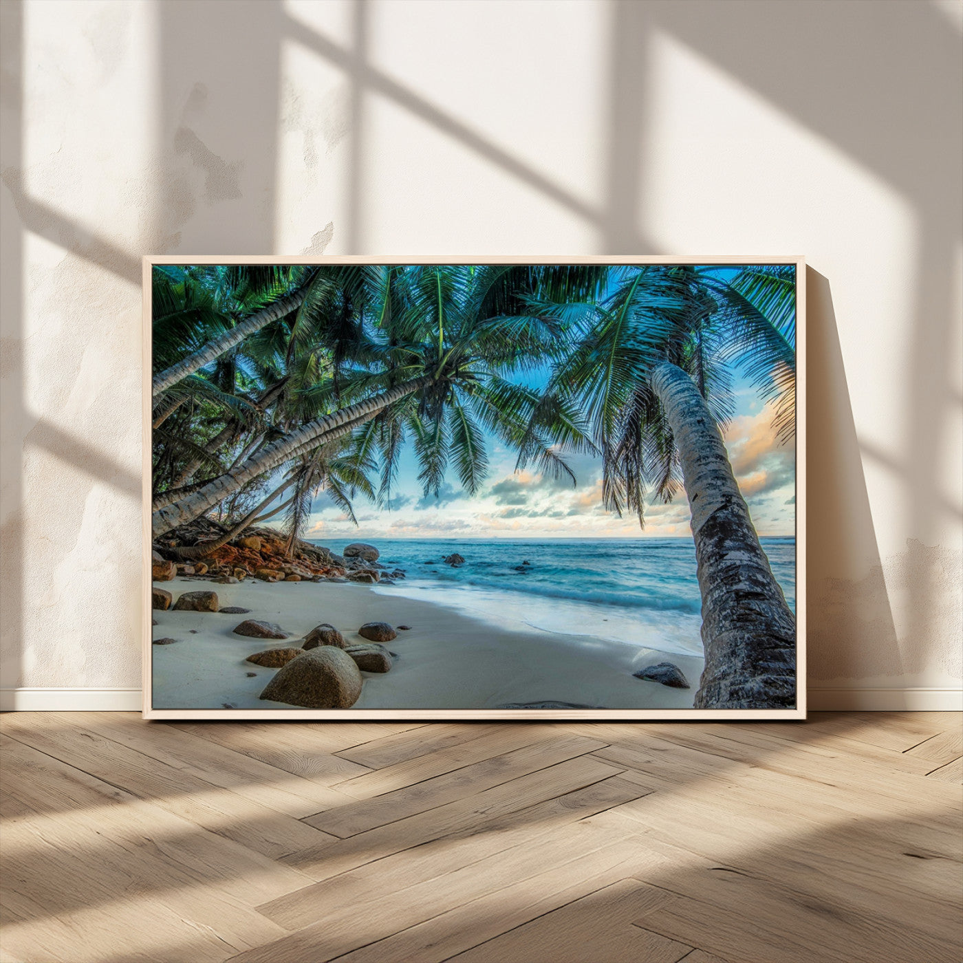 39679-MGV-CV-36X24-Tropical Palm Beach Wall Art – Serene Ocean Canvas Print with Palm Trees and Rocks, Coastal Paradise Decor for Living Room or