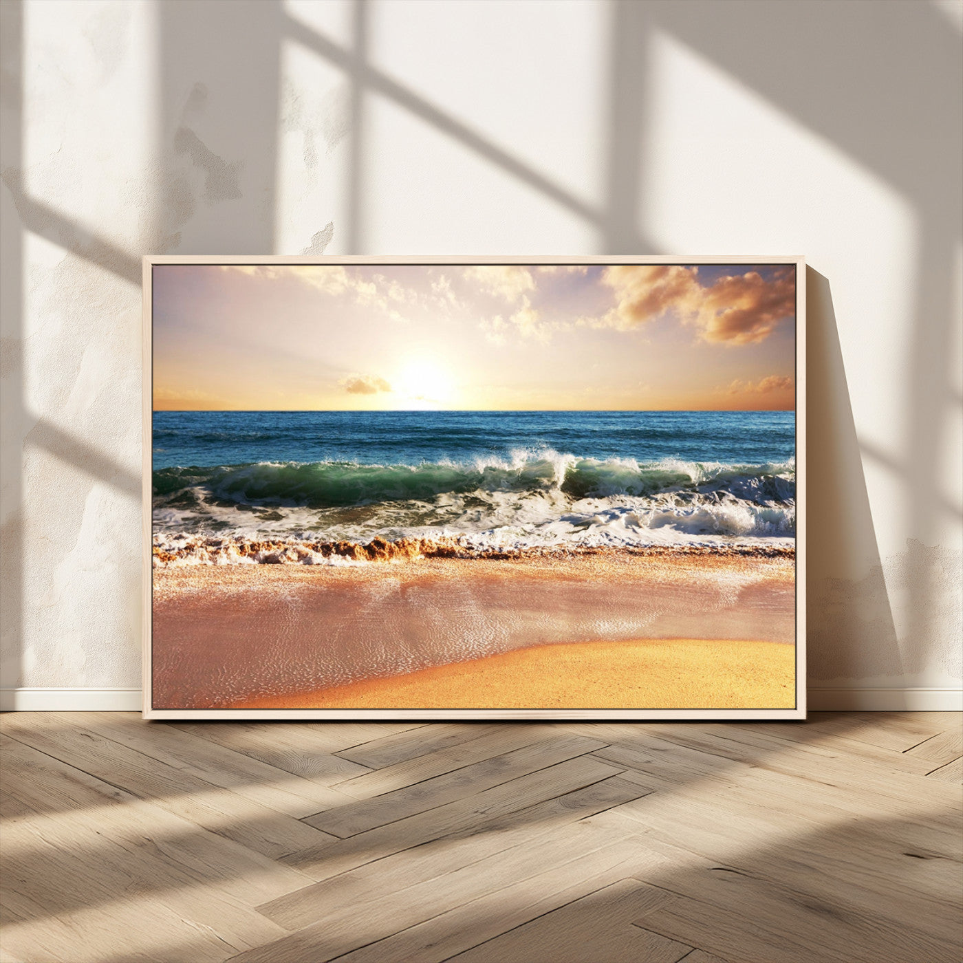 79005-MGV-CV-36X24-Golden Sunrise Ocean Waves Wall Art – Panoramic Seashore Canvas Print, Calming Coastal Decor for Home, Office or Relaxation Space