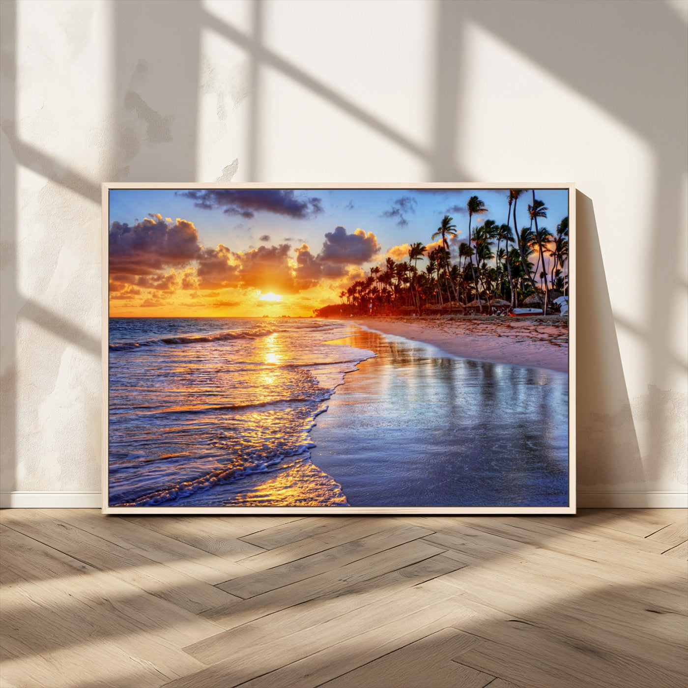 19917-MGV-CV-36X24-Tropical Sunset Beach Wall Art – Panoramic Palm Trees and Ocean Canvas Print, Vibrant Coastal Decor for Living Room, Office or Man