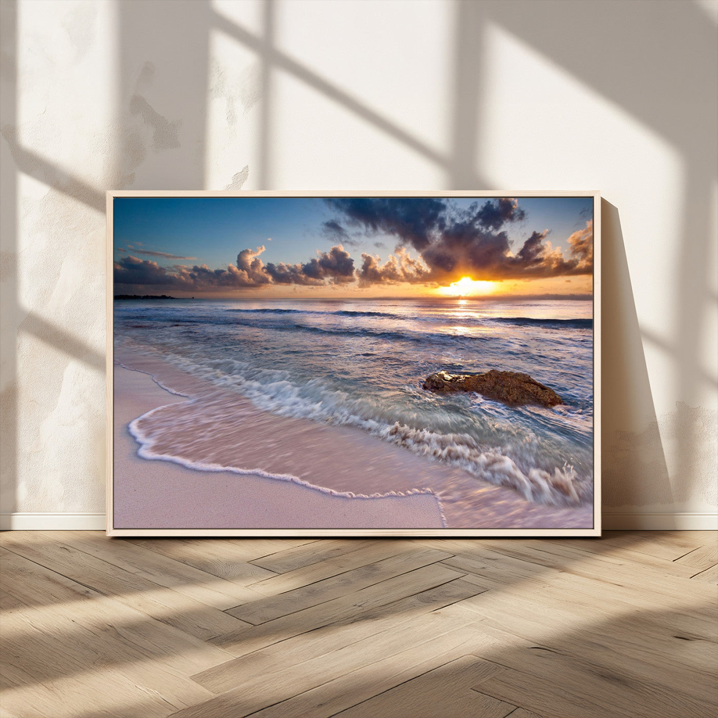 94906-MGV-CV-36X24-Sunrise Beach Wall Art – Panoramic Ocean Waves Canvas Print, Coastal Sunset Seascape Artwork for Living Room, Bedroom, or Office
