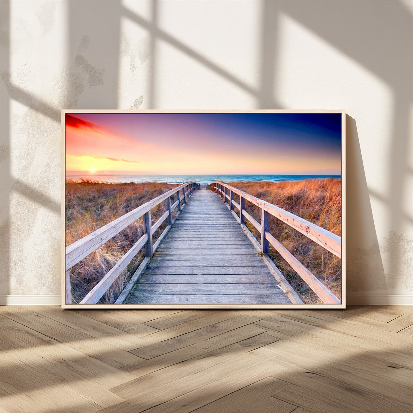 60625-MGV-CV-36X24-Beach Boardwalk Sunrise Wall Art – Coastal Pathway to Ocean Canvas Print, Seaside Landscape Decor for Home or Office