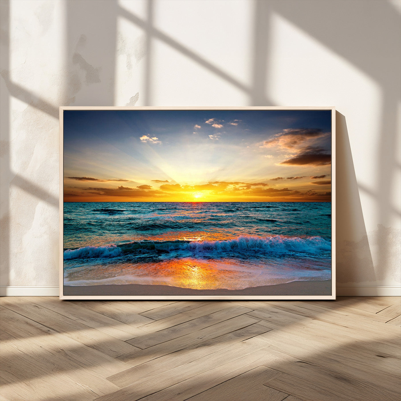 50627-MGV-CV-36X24-Ocean Sunset Wall Art – Serene Beach Canvas Print with Waves and Golden Sky, Coastal Decor for Living Room or Office