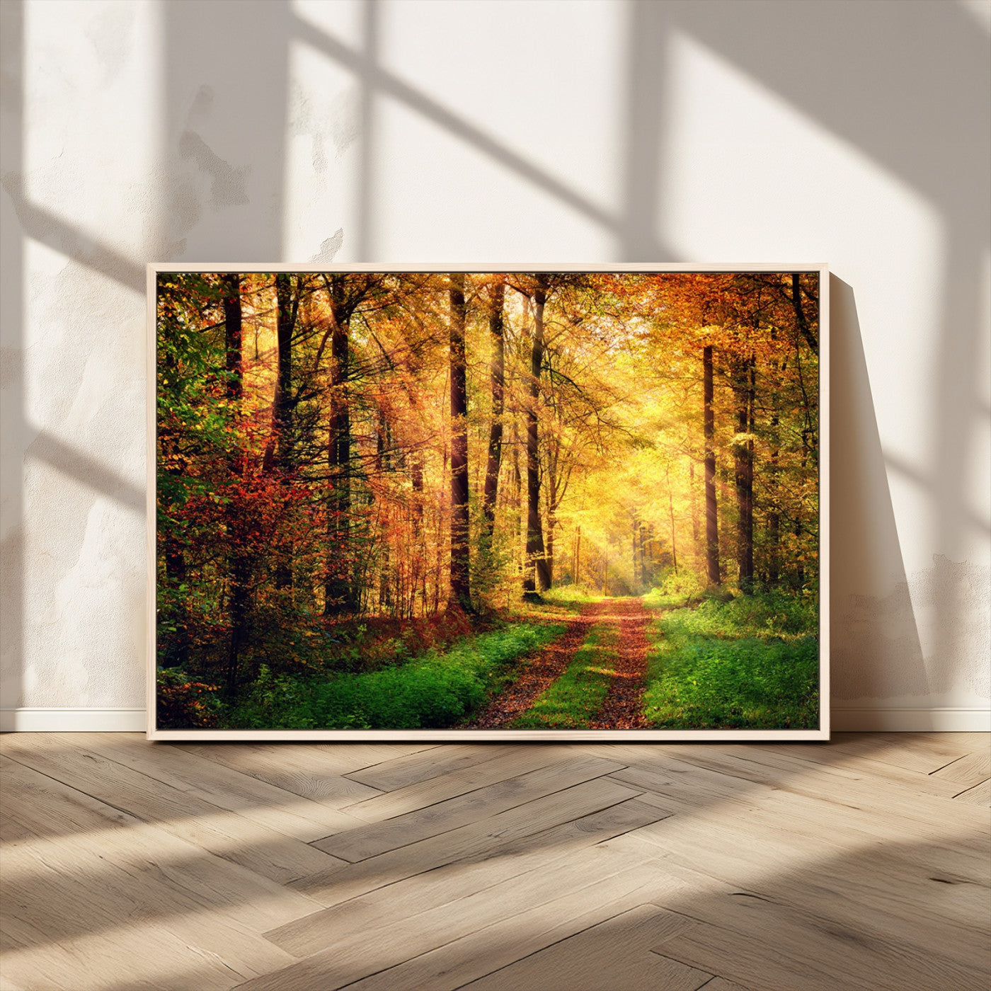 73494-MGV-CV-36X24-Golden Autumn Forest Path Wall Art – Sunlit Woodland Canvas Print, Fall Nature Landscape Home Decoration