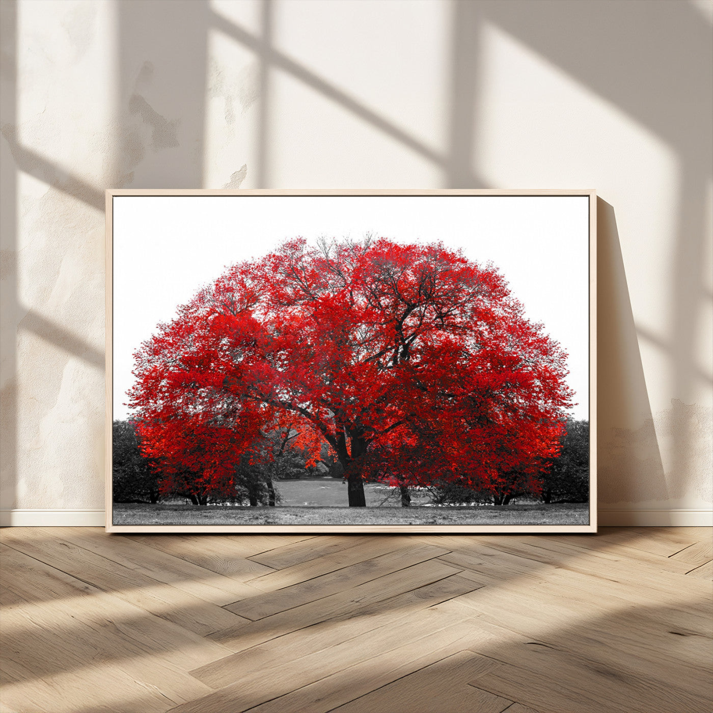 80021-MGV-FC-36X24_Natural-Red Tree Wall Art – Striking Black and White Landscape Canvas Print with Vibrant Red Leaves, Modern Nature Decor for Living Room