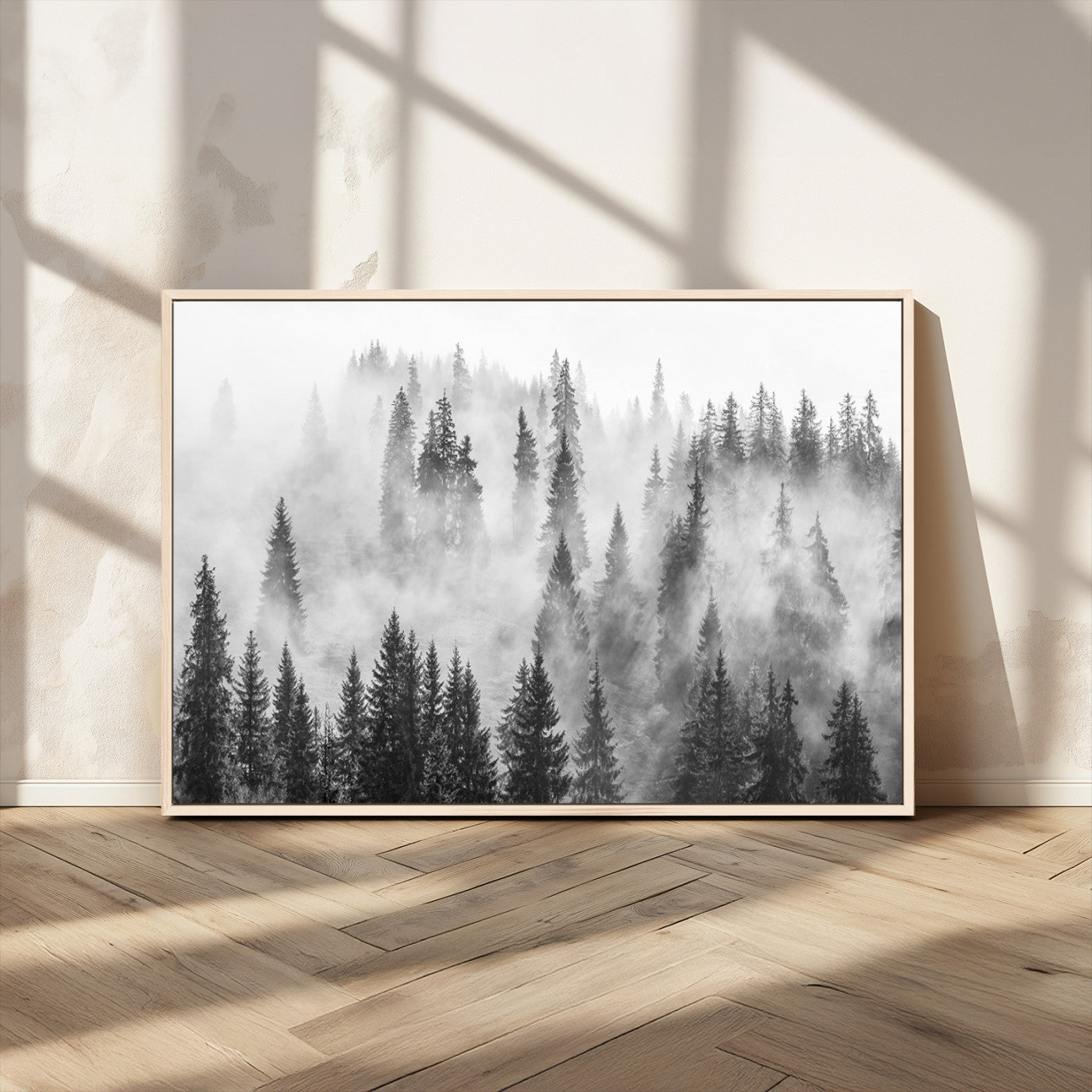 10422-MGV-CV-36X24-Misty Pine Forest Wall Art – Black and White Foggy Landscape Canvas Print, Serene Nature Woodland Decor for Bedroom, Office or