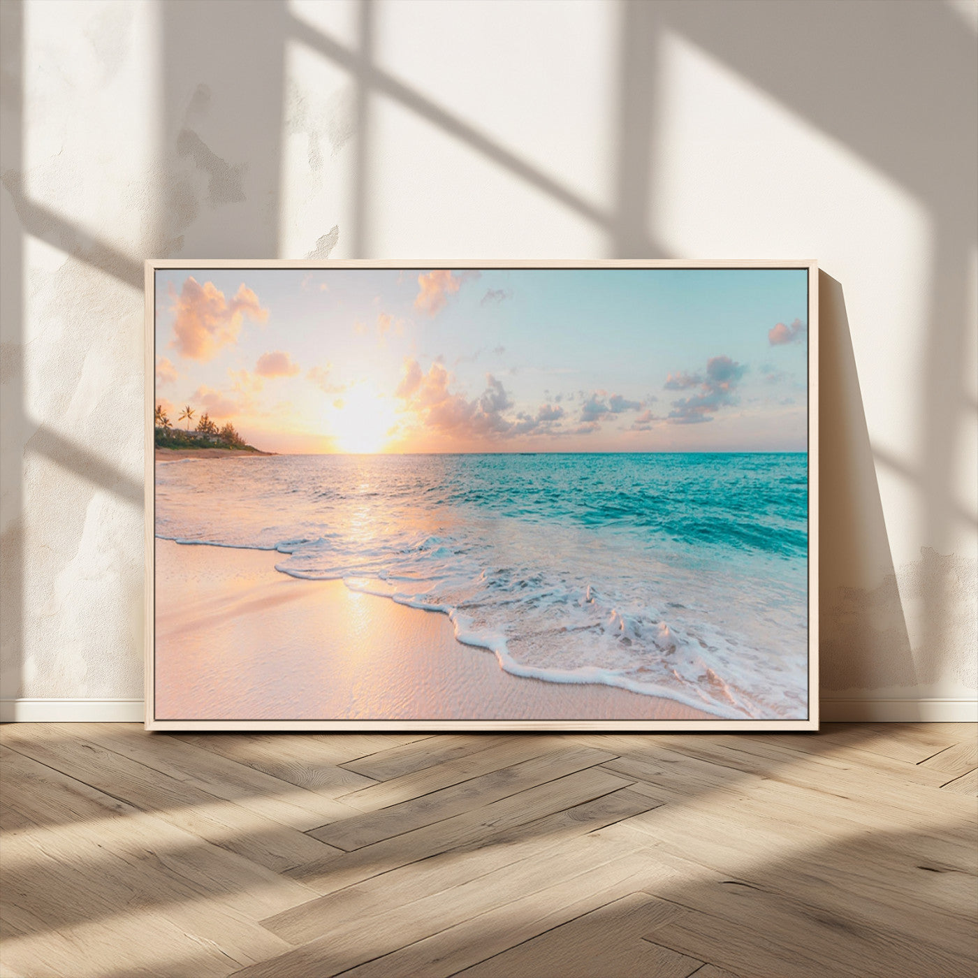 36554-MGV-CV-36X24-Tropical Beach Sunset Wall Art – Ocean Waves and Palm Canvas Print, Coastal Seascape Photography Decor for Living Room, Bedroom,