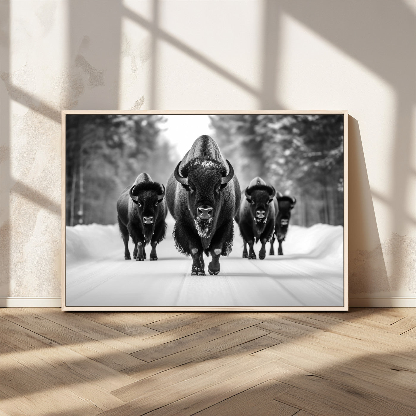 45287-MGV-CV-36X24-Bison Herd Wall Art – Black and White Buffalo Snow Road Canvas Print, Rustic Wildlife Decor for Cabin, Lodge or Living Room