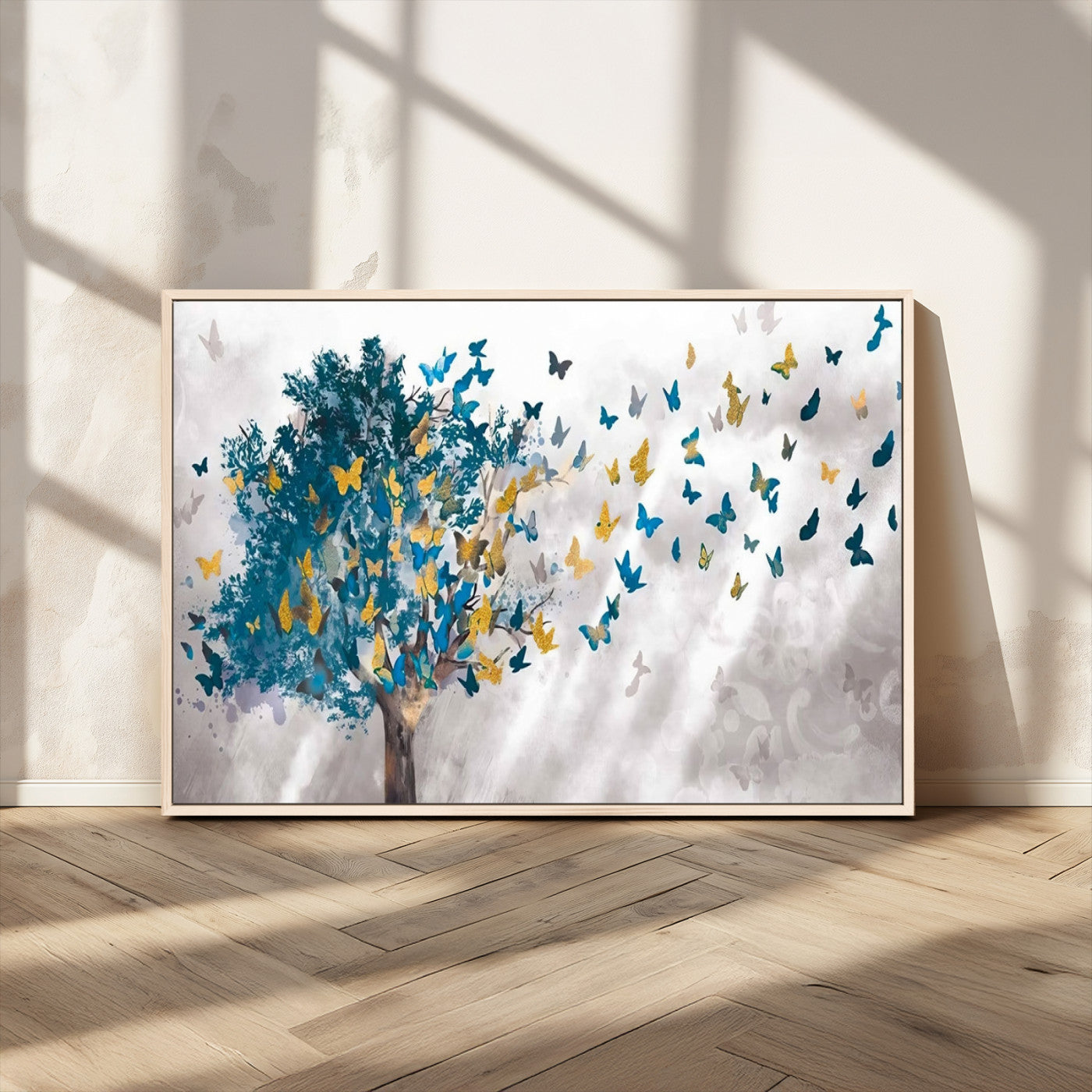 37564-MGV-CV-36X24-Butterfly Tree Wall Art – Modern Nature Canvas Print with Blue and Golden Butterflies, Elegant Decorative Painting for Living Room