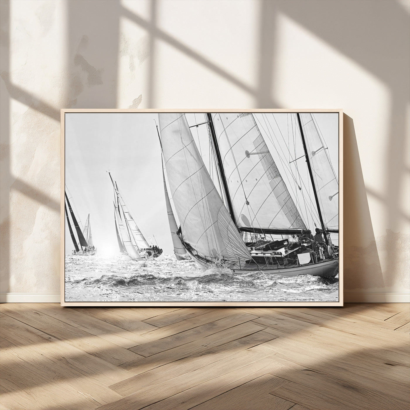 Boat-1-MGV-CV-36X24-Sailboat Racing Wall Art – Nautical Black and White Canvas Print, Ocean Adventure Decor for Office, Living Room or Bedroom