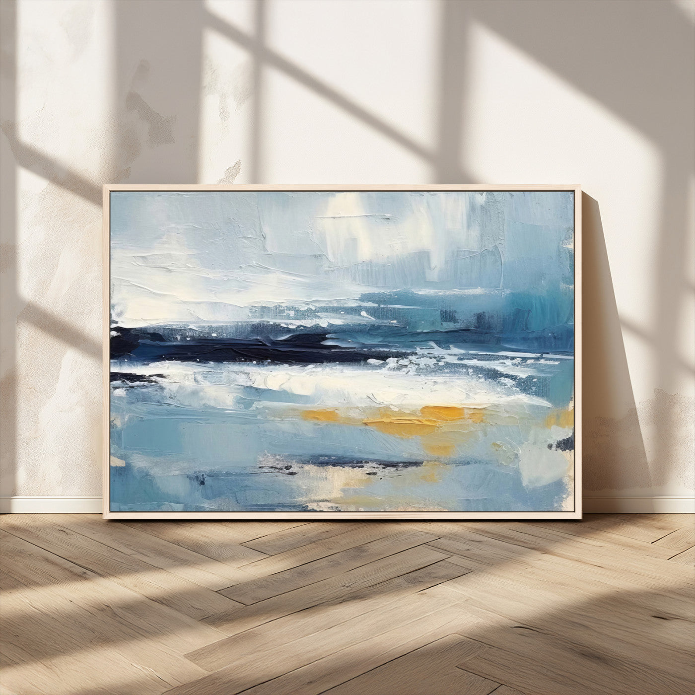 19746-MGV-CV-36X24-Abstract Ocean Wall Art – Modern Coastal Canvas Print with Blue, White and Gold Textures, Contemporary Seascape Painting for