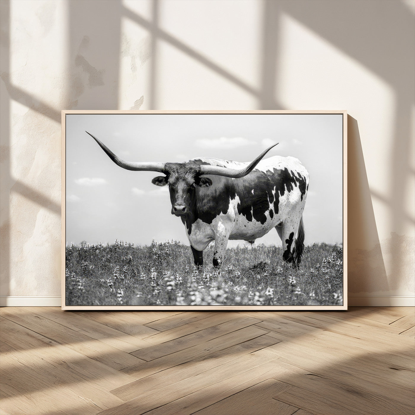 94709-MGV-CV-36X24-Texas Longhorn Wall Art – Black and White Bull Photography Canvas Print, Western Farmhouse Wall Decor for Living Room, Office or