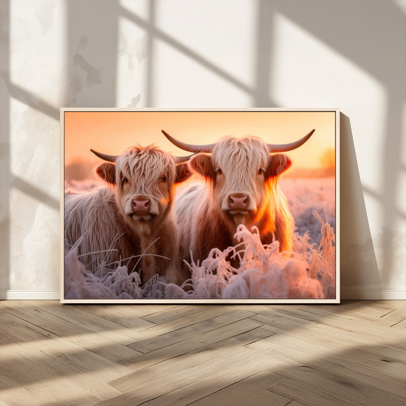 68253-MGV-CV-36X24-Highland Cow Wall Art – Rustic Farmhouse Cattle Canvas Print, Frosty Sunset Animal Artwork for Living Room, Bedroom or Country