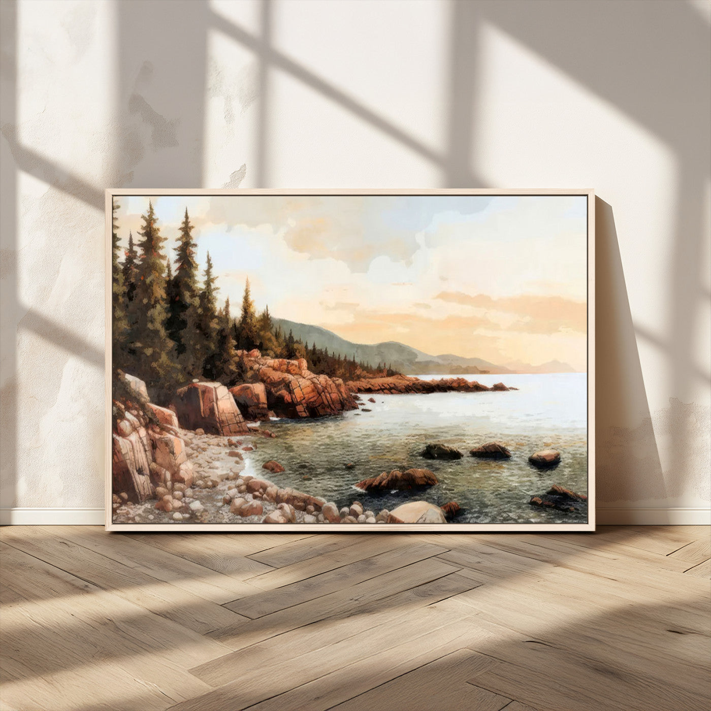 77145-MGV-CV-36X24-Coastal Landscape Wall Art – Panoramic Rocky Shoreline and Pine Trees Canvas Print, Rustic Nature Decor for Cabin, Lodge, Office,