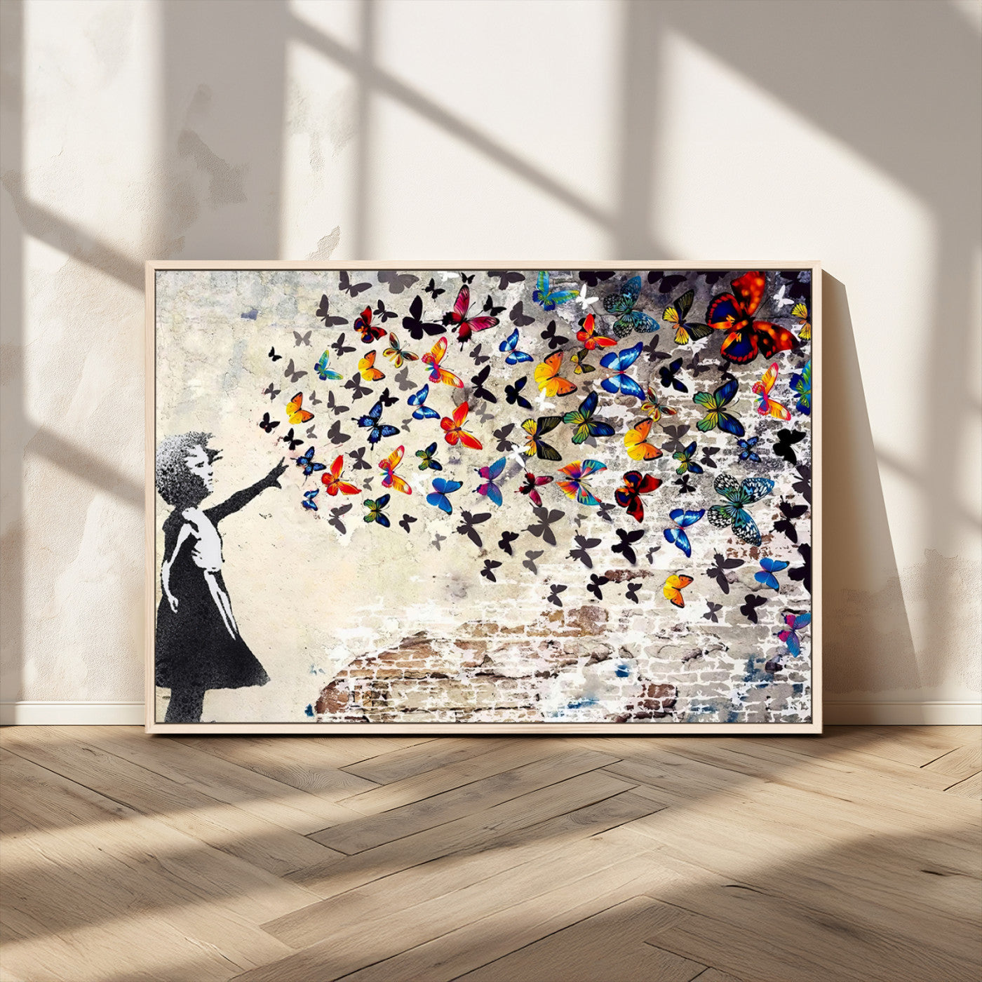 97895-MGV-CV-36X24-Girl with Butterflies Wall Art – Colorful Street Art Style Canvas Print, Modern Graffiti-Inspired Butterfly Artwork for Living