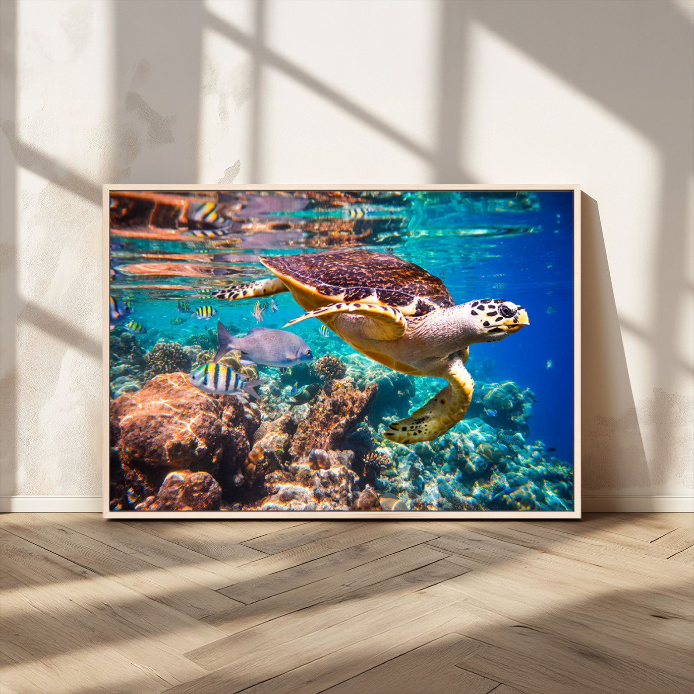66614-MGV-CV-36X24-Sea Turtle Wall Art – Hawksbill Turtle Swimming Over Coral Reef Canvas Print, Ocean Marine Life Decor for Beach House, Coastal