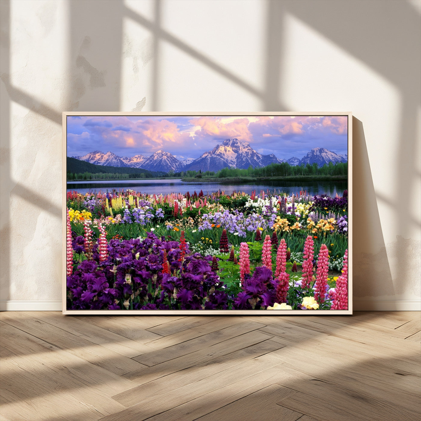 82270-MGV-CV-36X24-Colorful Wildflower Meadow Landscape Wall Art – Snow-Capped Mountain Lake Sunset Print, Vibrant Nature Artwork for Living Room,