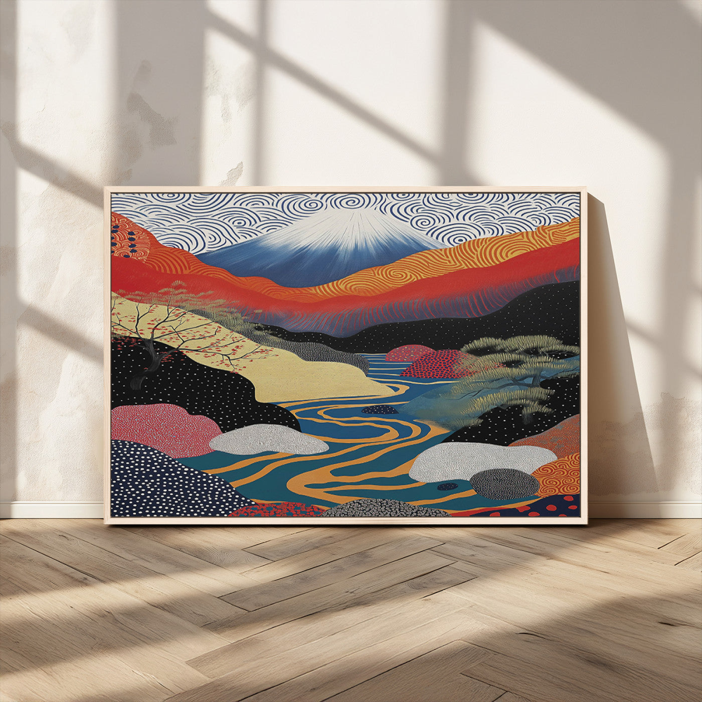 22313-MGV-CV-36X24-Yayoi Kusama Wall Art – Abstract Mount Fuji Landscape Canvas Print, Vibrant Japanese Nature Scene with River, Mountains and Sky