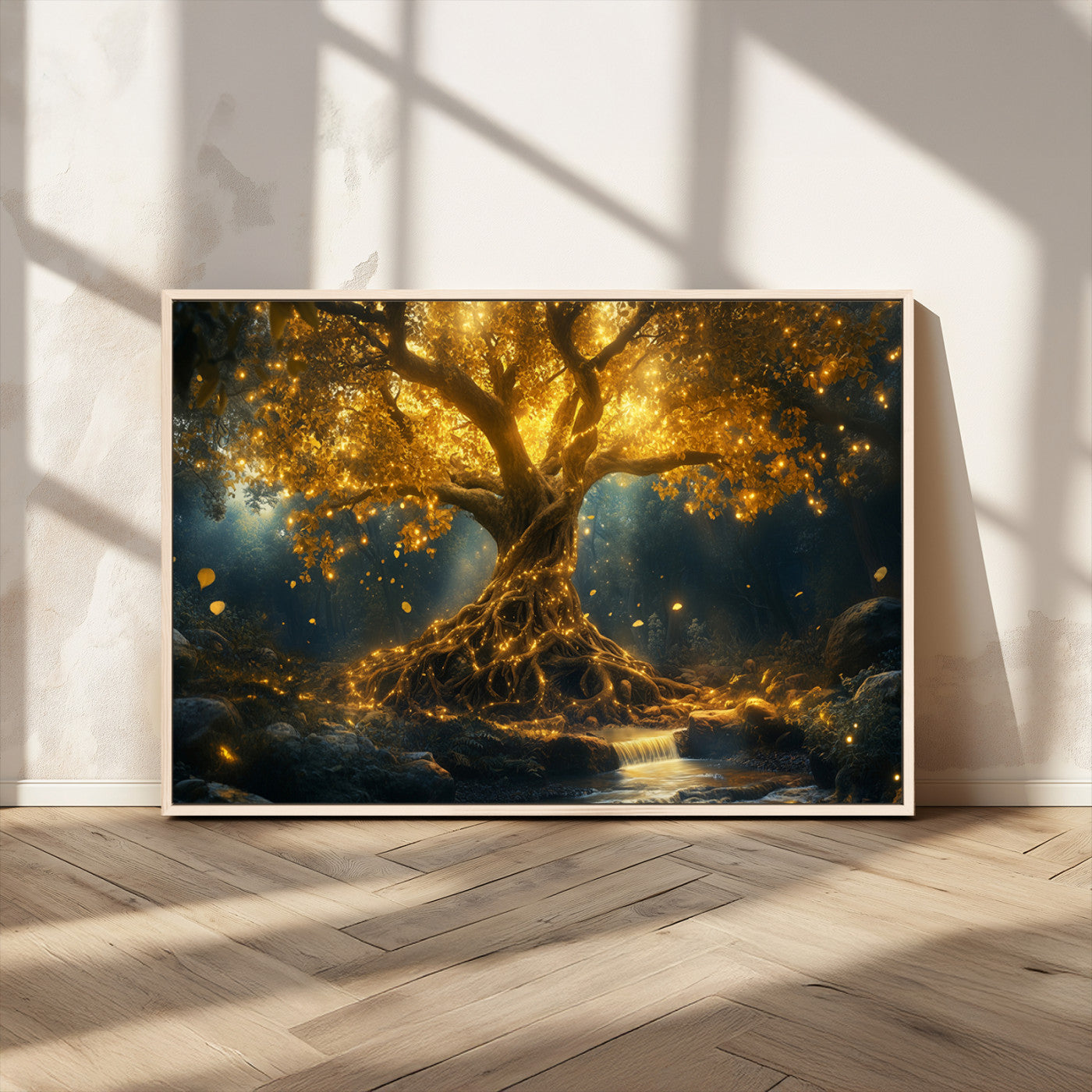 92739-MGV-CV-36X24-Glowing Tree Wall Art – Enchanted Golden Forest Canvas Print, Mystical Illuminated Nature Painting Poster for Living Room,